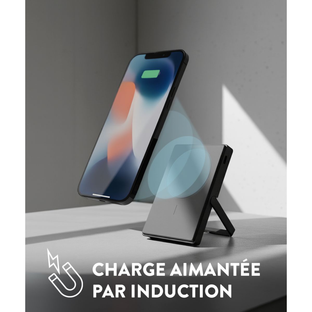 Batterie externe 5000 mAh Qi2 MagSafe avec bequille gris couleur unique, CASYX