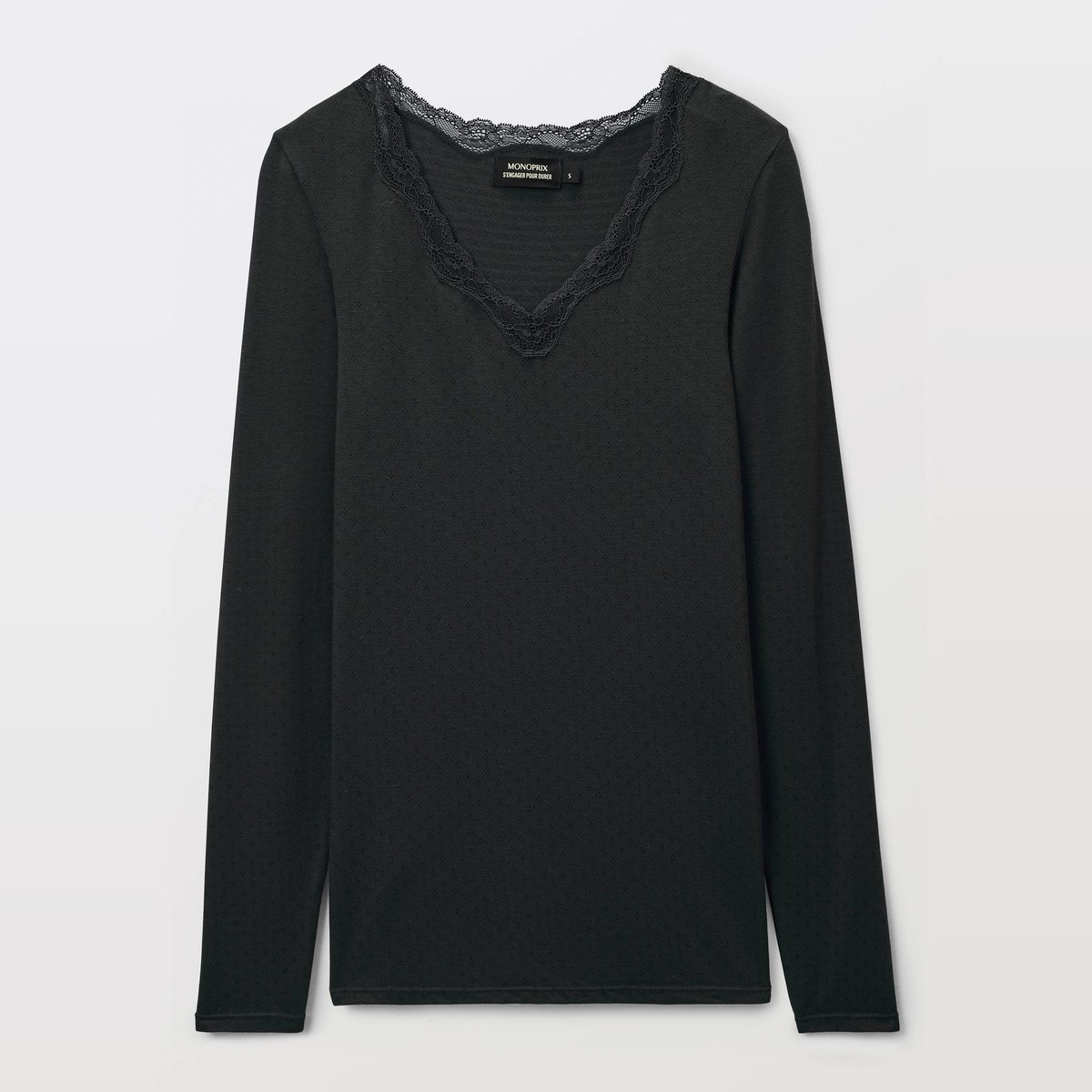 T-shirt manches longues col V MALAURY en modal et dentelle noir, MONOPRIX