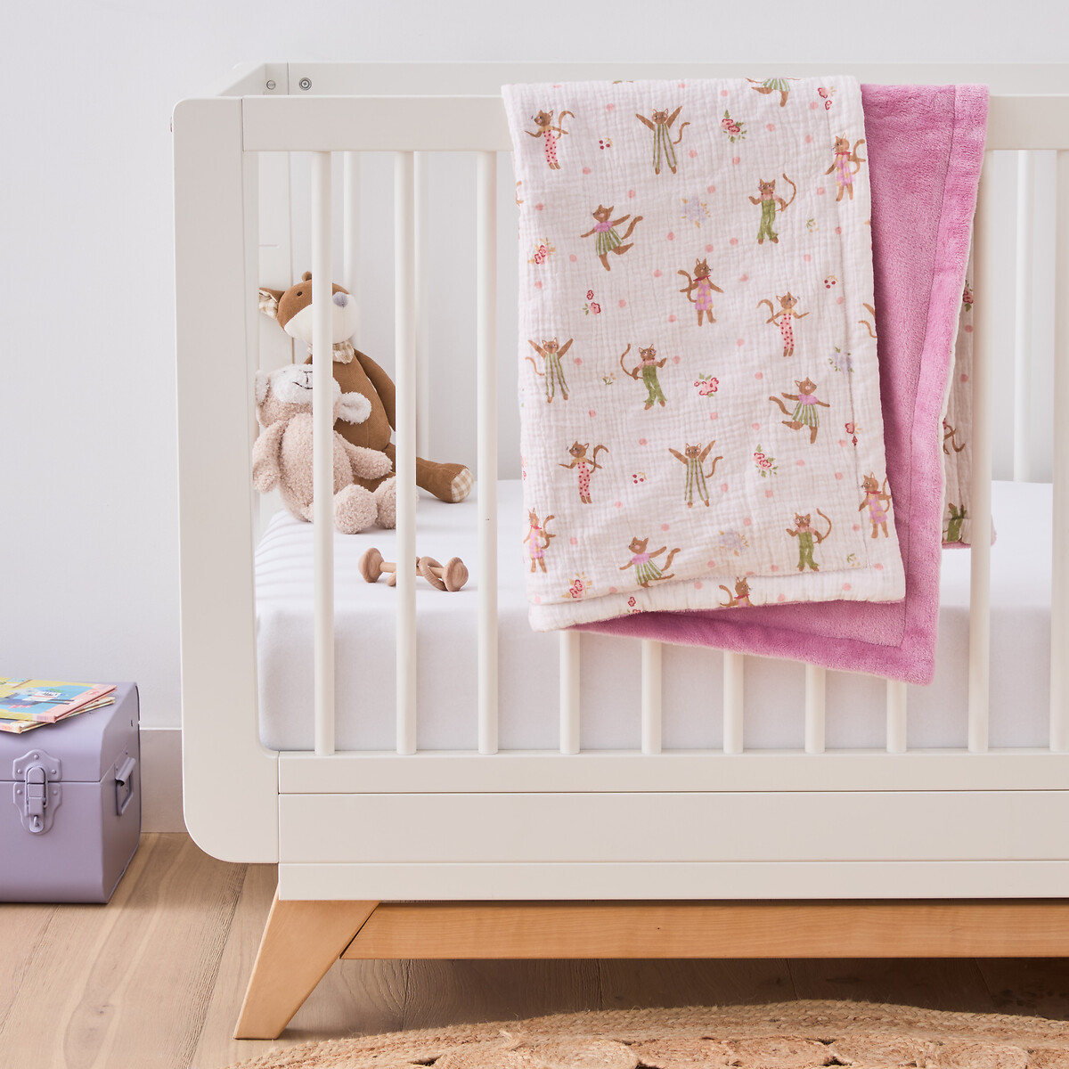 Manta estampada de tejido polar y gasa de algodón, CHATS FLEURIS estampado gato, LA REDOUTE INTERIEURS