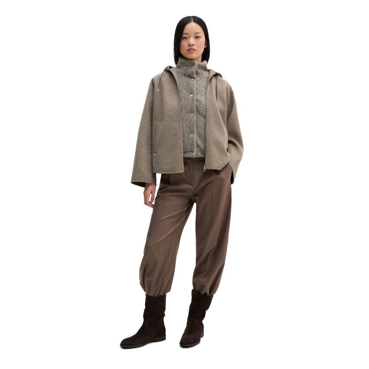 Veste à capuche en laine relaxed en double face mélangée de haute qualité beige, MARC O'POLO