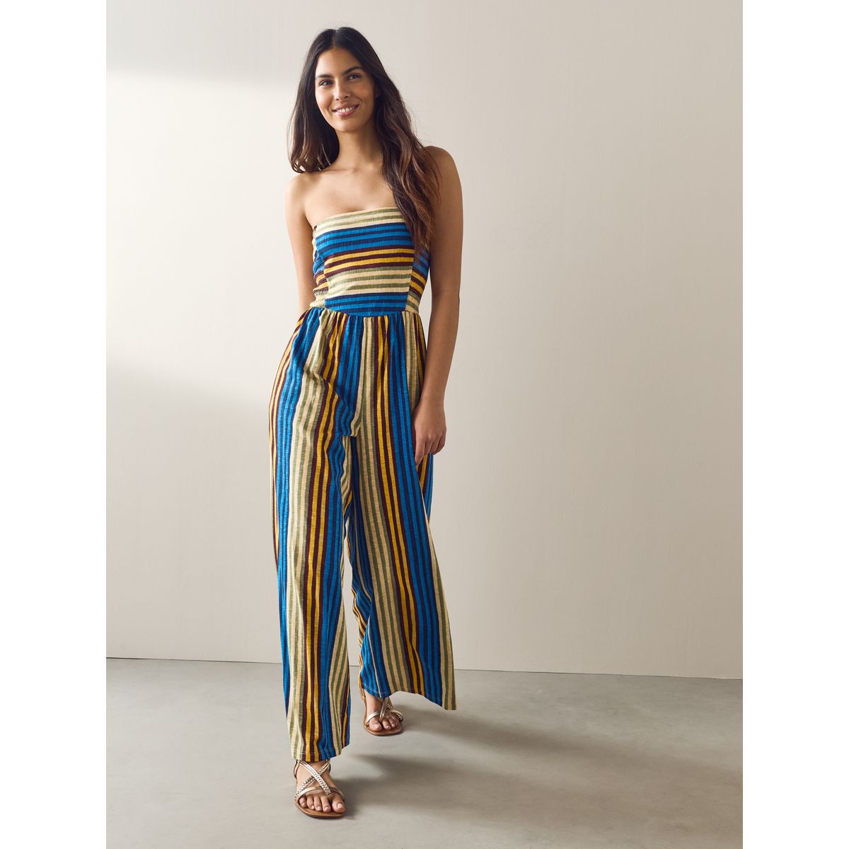 Combi-pantalon bandeau large en jersey rayures bleu/jaune, NEXT