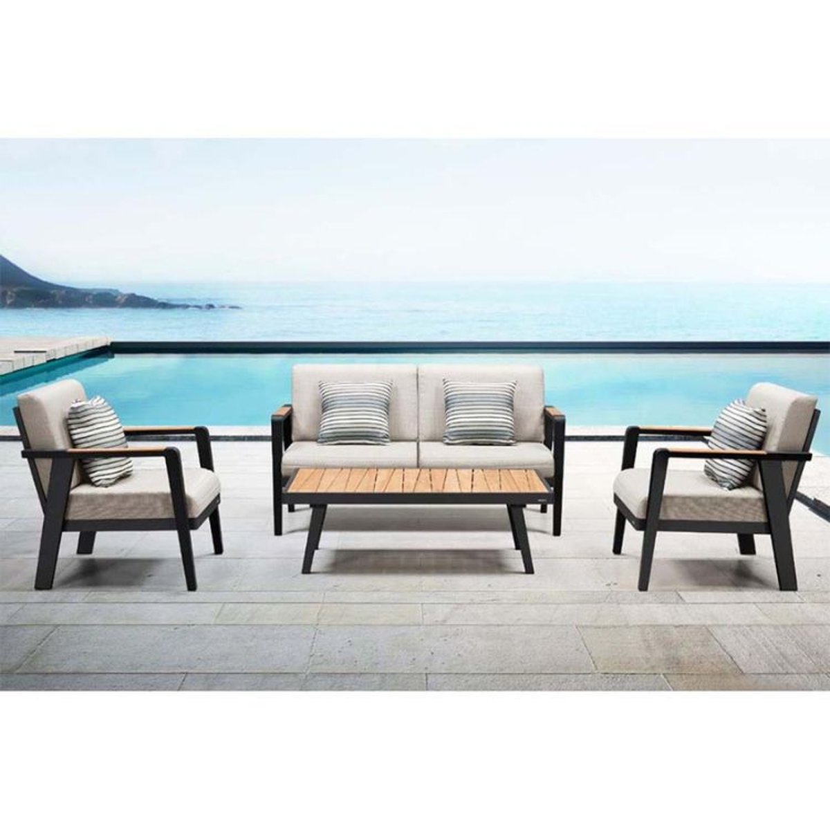 Salon de jardin en aluminium et teck, LOVY MINI gris anthracite, AU JARDIN DE CHLOÉ