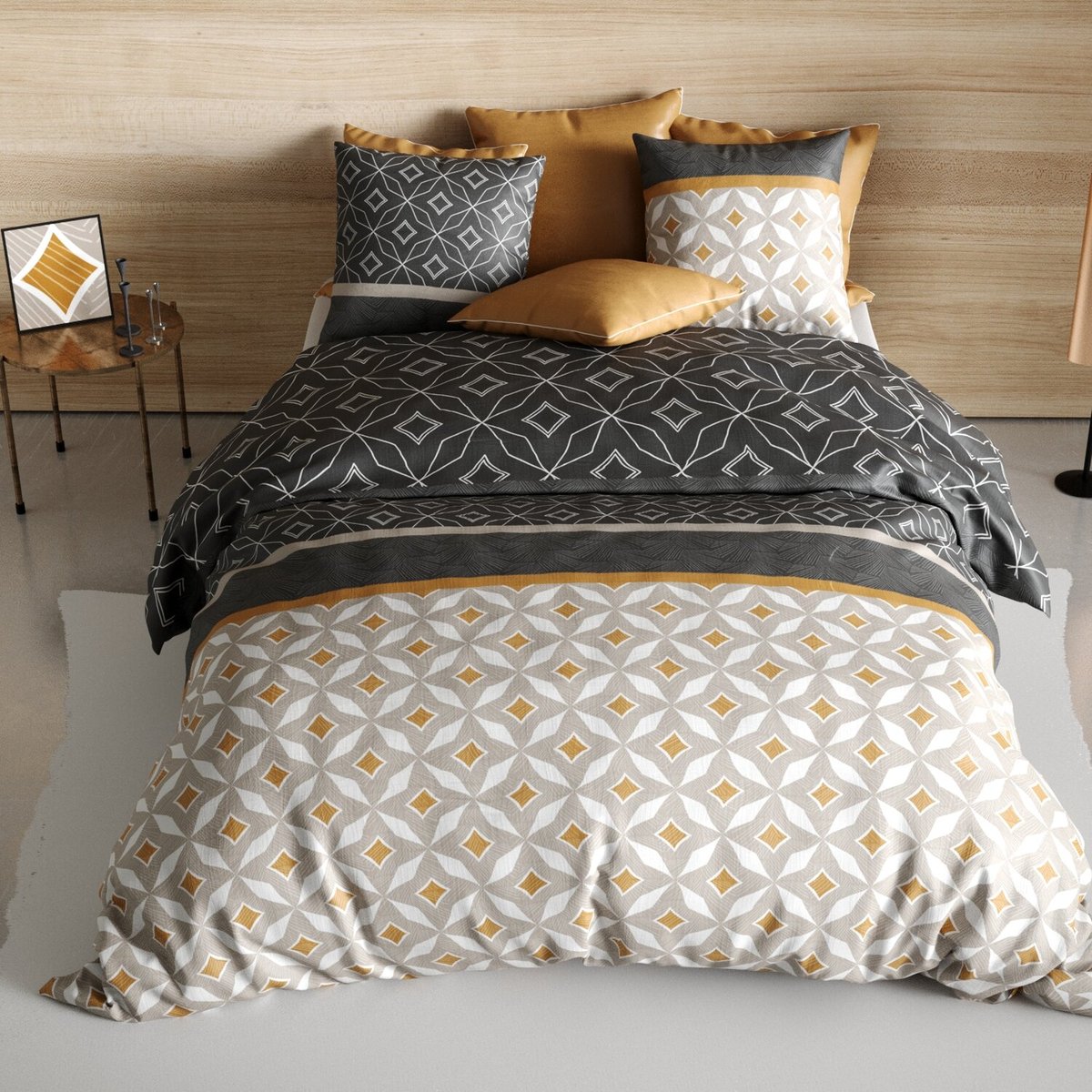 Parure housse de couette imprimée avec taie(s) coton, Ota beige, ATELIER DU COTON