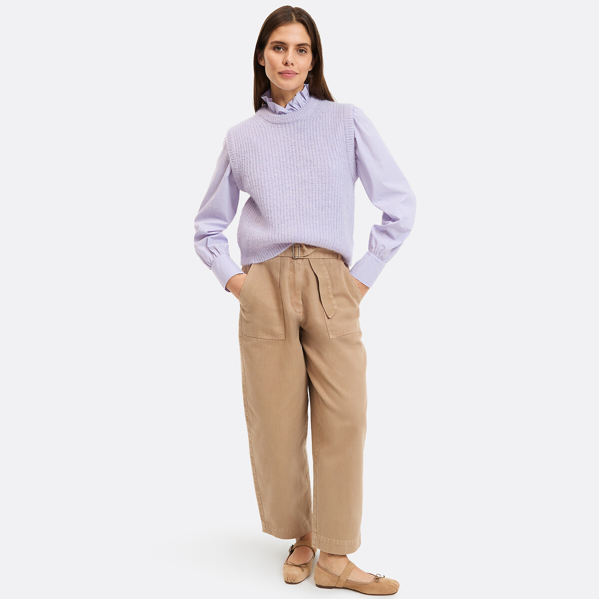 Pantalon large coupe barrel avec ceinture beige camel, LA REDOUTE COLLECTIONS