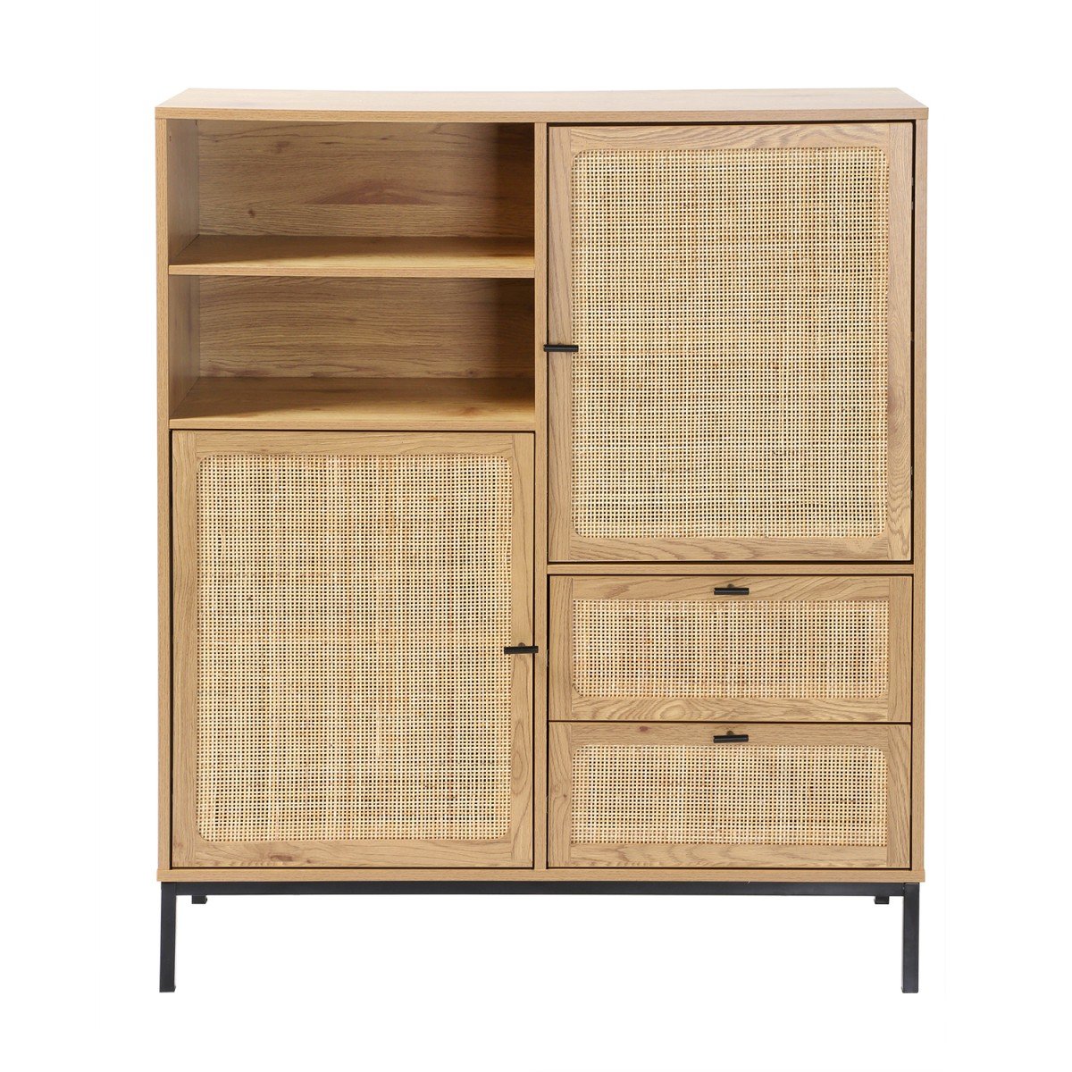 Buffet Haut avec Façades en Rotin Naturel - L100 x H120 cm - JAYA bois clair, CALICOSY