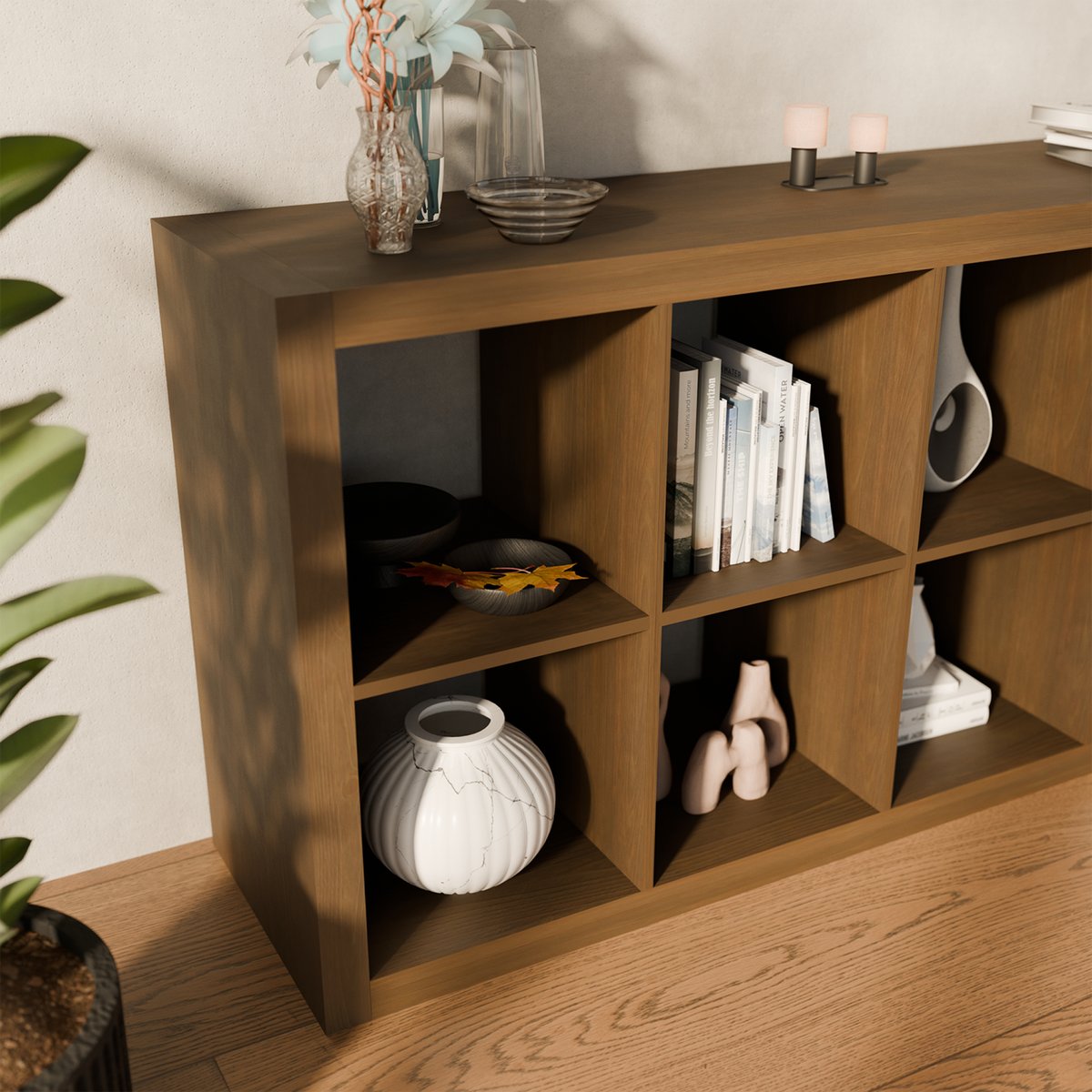 Etagère bibliothèque décor bois 4 niveaux 8 compartiments BASIKS noyer, SWEEEK