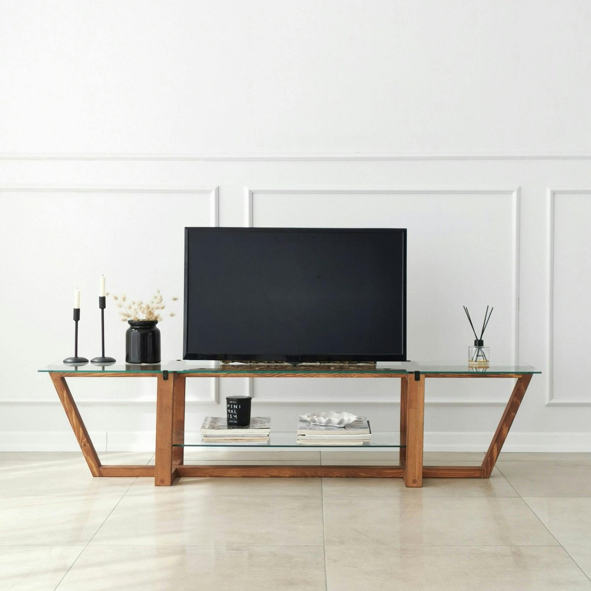 Meuble TV verre trempé bois foncé - 158 cm 2 niveaux LHASA bois naturel, PIER IMPORT