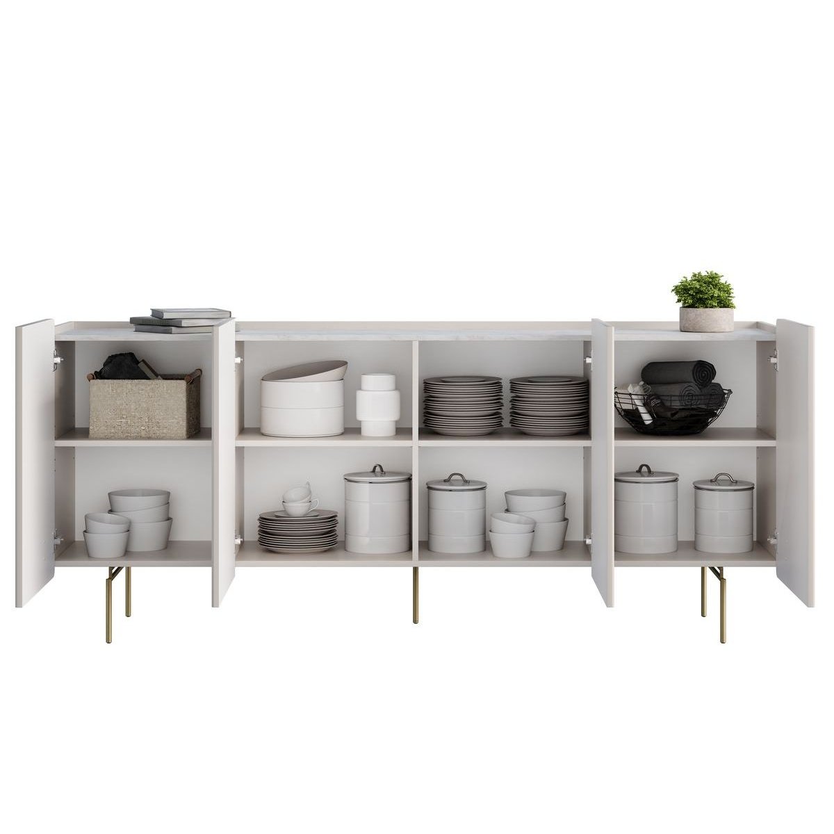 Buffet bas en panneaux de particules et MDF 4 portes 200 cm, MATHILDE beige, BOBOCHIC