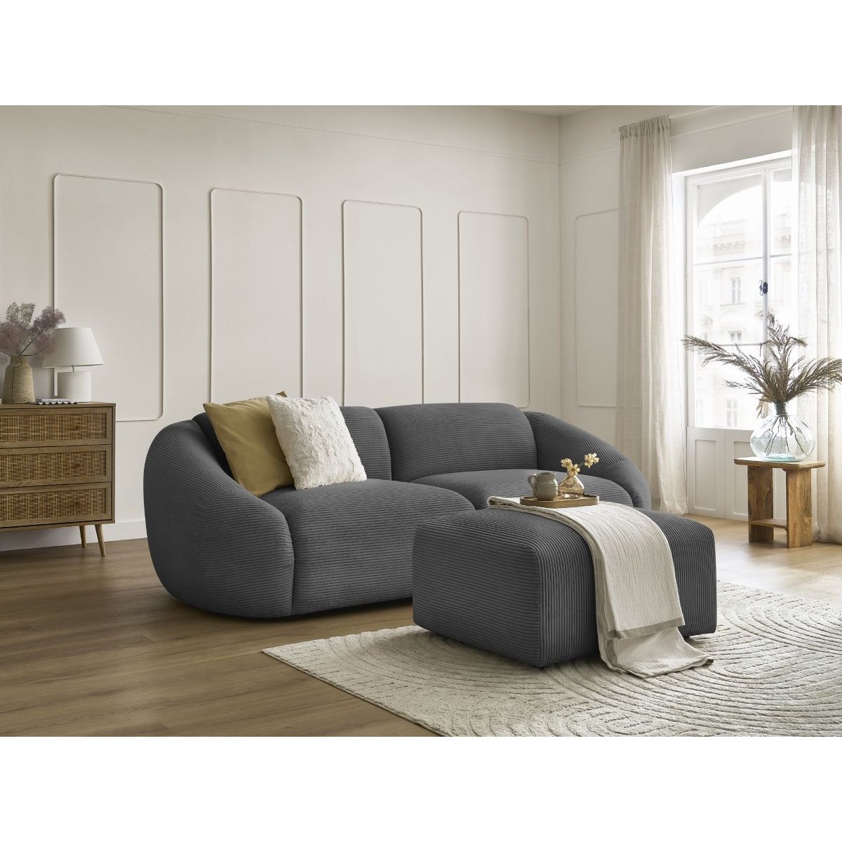 Canapé droit fixe 4 places en velours côtelé avec pouf, TINA gris foncé, BOBOCHIC