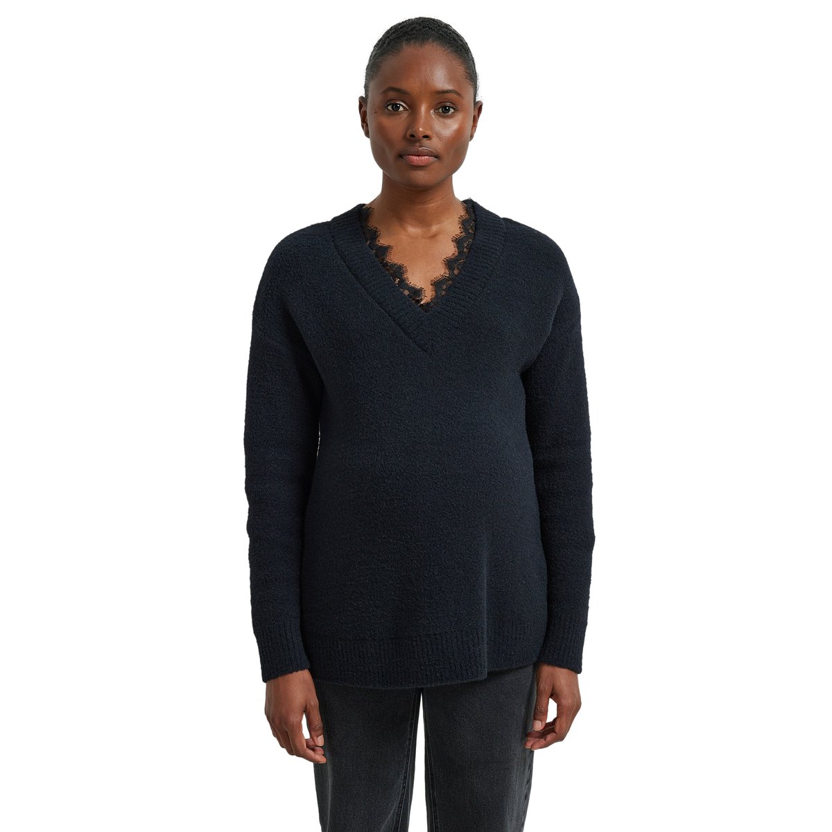 Pull col V grossesse maille mousseuse et dentelle noir, VERTBAUDET