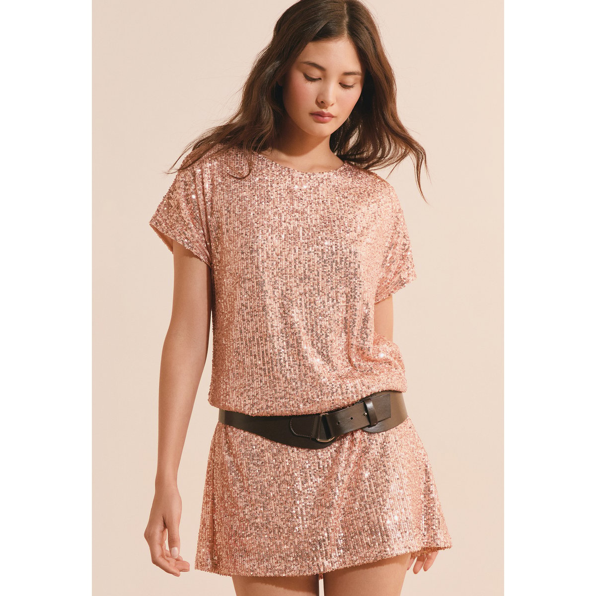 Robe courte à sequins HARMONIE saumon peche, ETAM