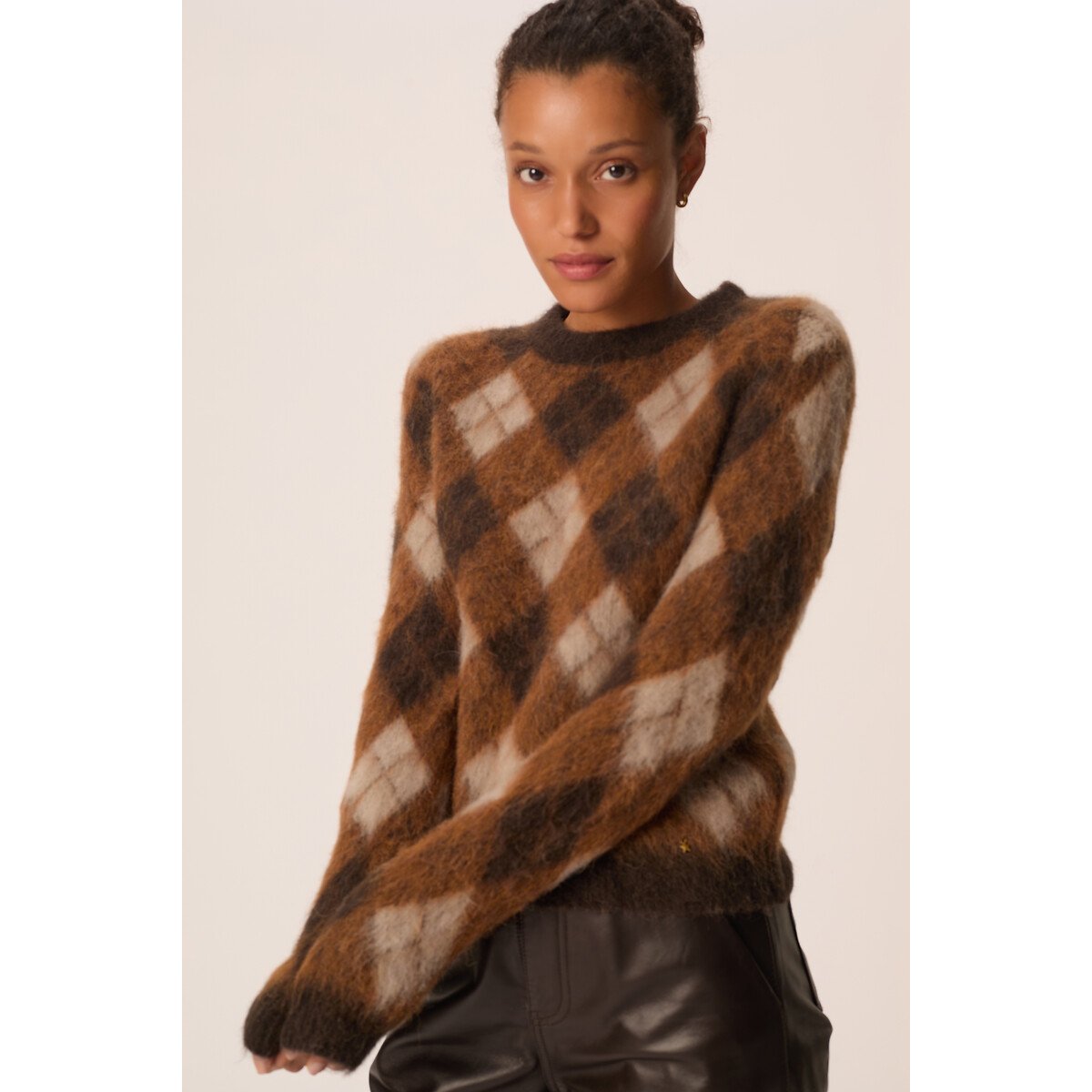 Karierter Pullover, Rundhalsausschnitt, COME braun, DES PETITS HAUTS
