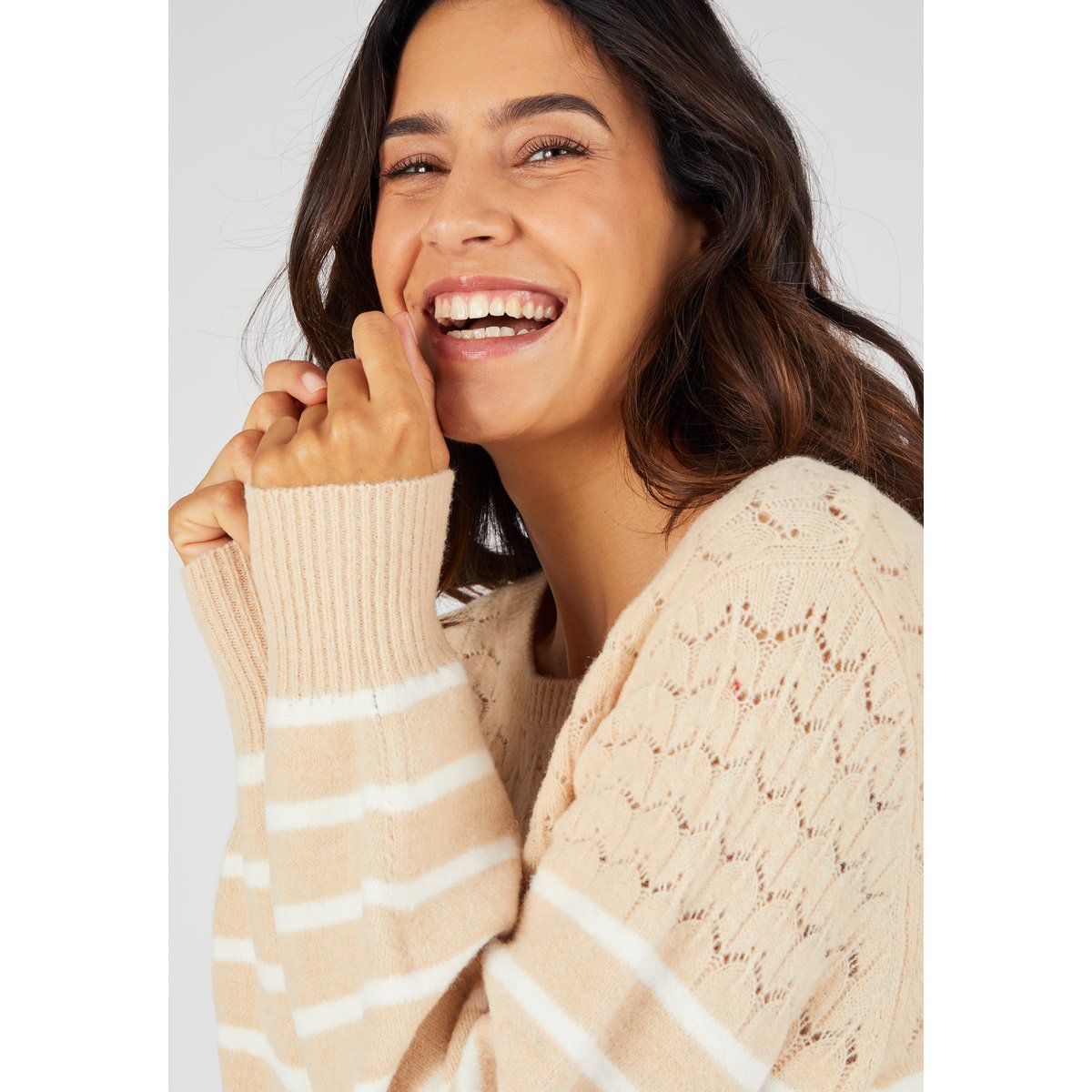 Pull rayures et maille ajourée Thermolactyl marron beige rayé, DAMART