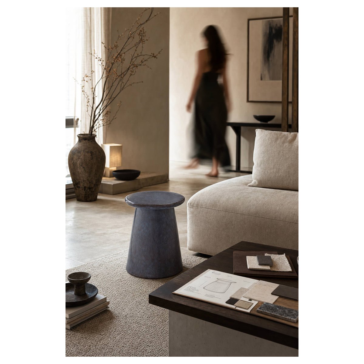 Tabouret en céramique fait main bleu vieilli, RECOLLECTION