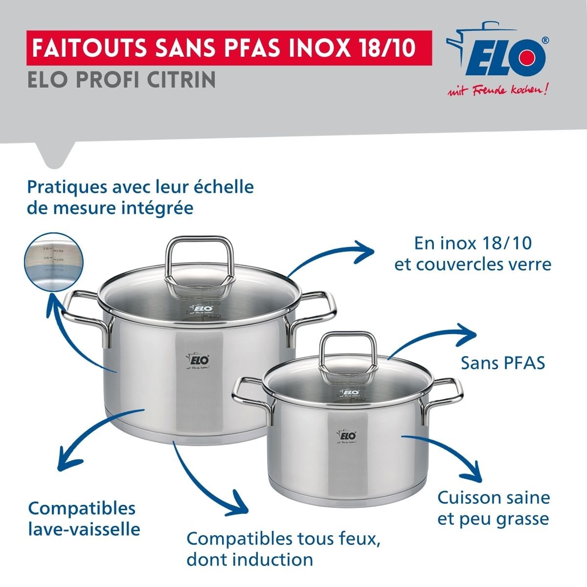 Batterie 1 poêle 28cm + 2 faitouts 12/14cm PROFI CITRIN inox, ELO