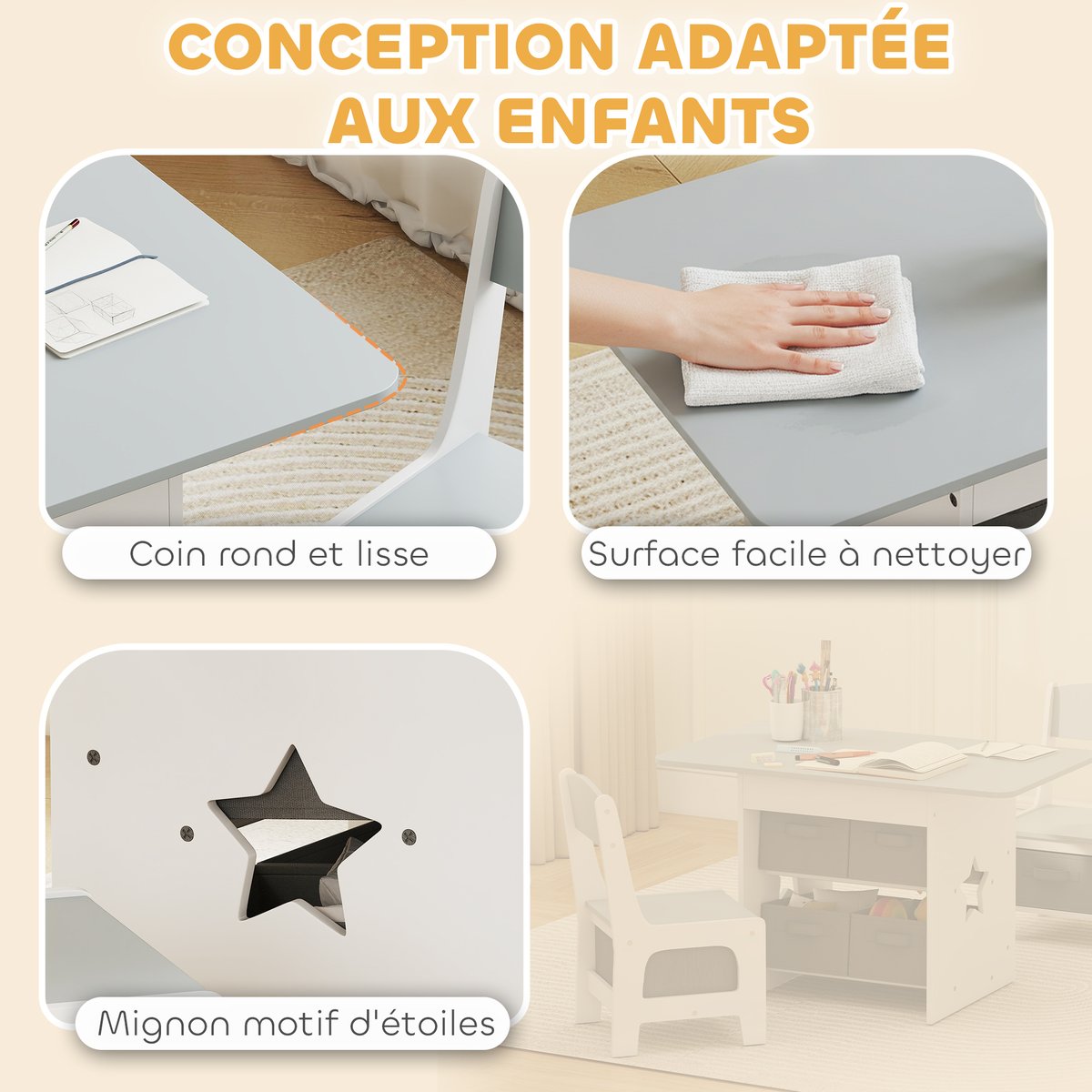 Ensemble table et chaises pour enfants MDF gris clair, gris foncé, blanc, AIYAPLAY