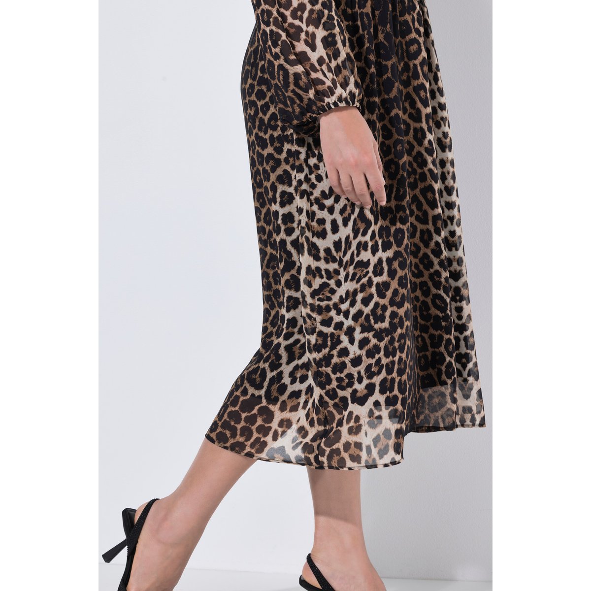 Robe midi motif léopard, coupe évasée chameau, ULLA POPKEN