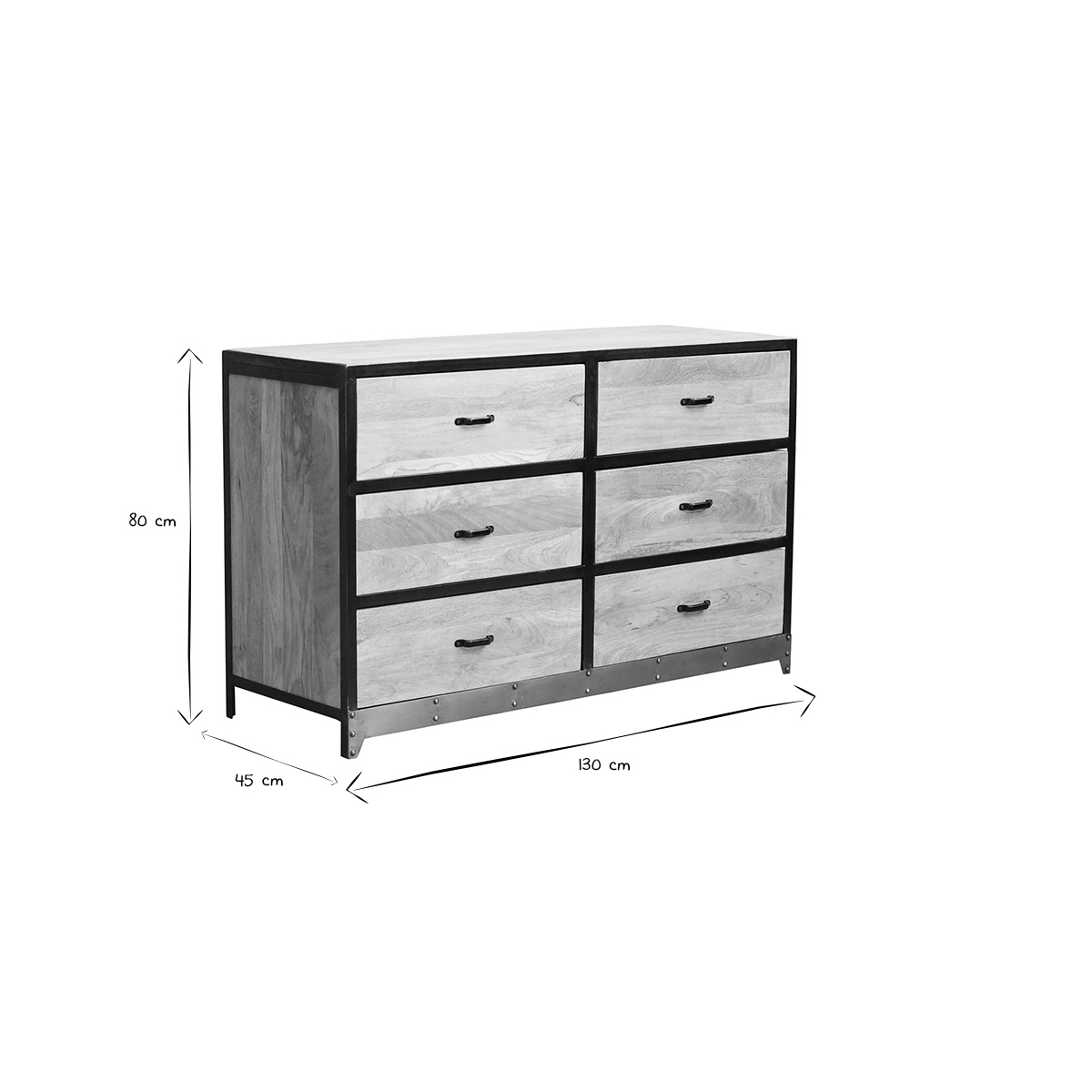 Commode industrielle en bois manguier massif et métal noir 6 tiroirs L130 cm INDUSTRIA bois clair / noir, MILIBOO