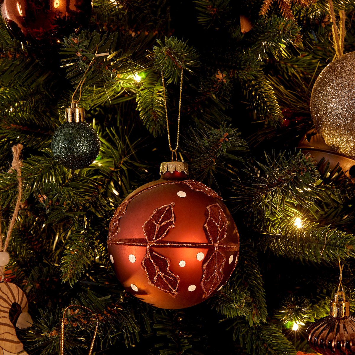 Boule verre feuilles D.8 cm bronze, FEERIC LIGHTS & CHRISTMAS