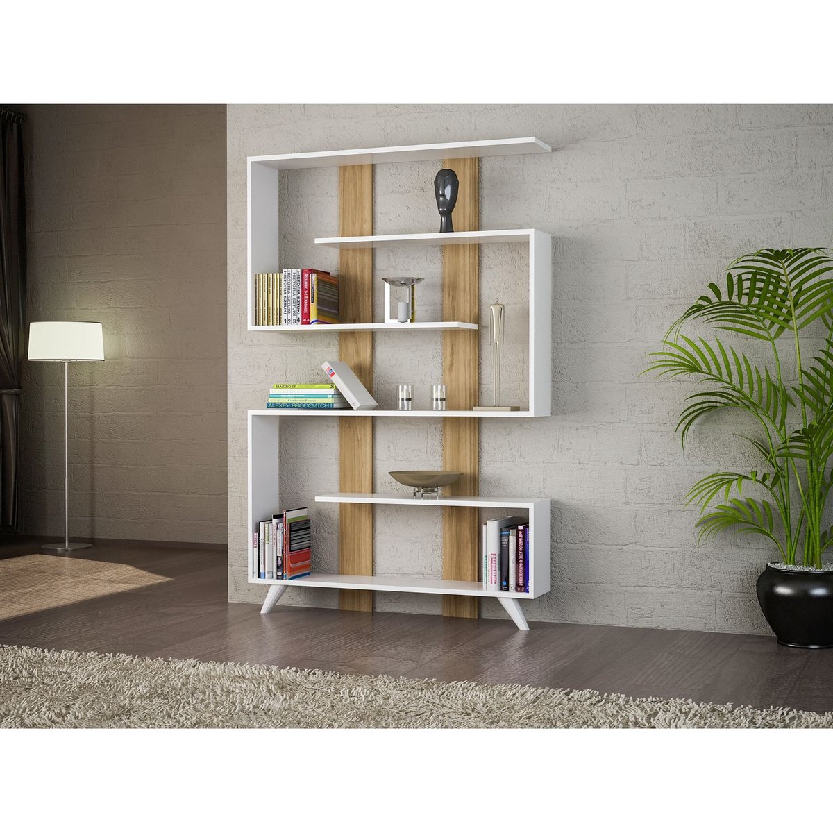 Bibliothèque asymétrique 5 étagères design scandinave RAIN blanc, TOILINUX