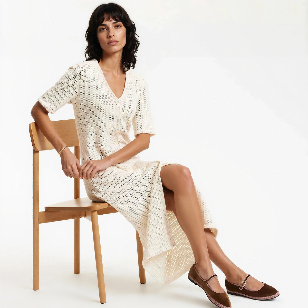 Robe longue manches courtes en maille pointelle ecru, LA REDOUTE COLLECTIONS