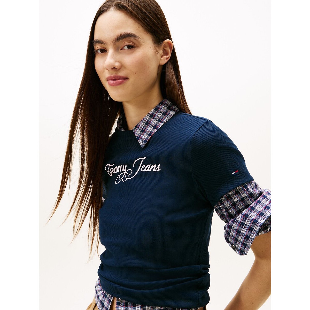 T-shirt col rond, à manches courtes, logo marine, TOMMY JEANS