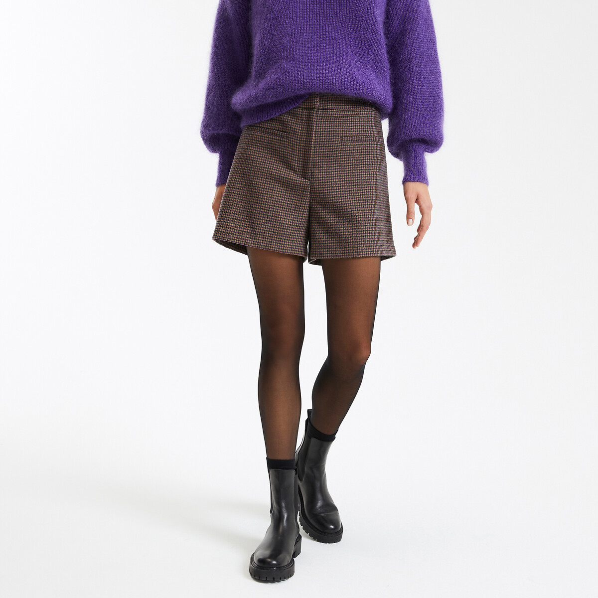 Houndstooth Check Shorts in Wool Mix houndstooth check, LA REDOUTE COLLECTIONS