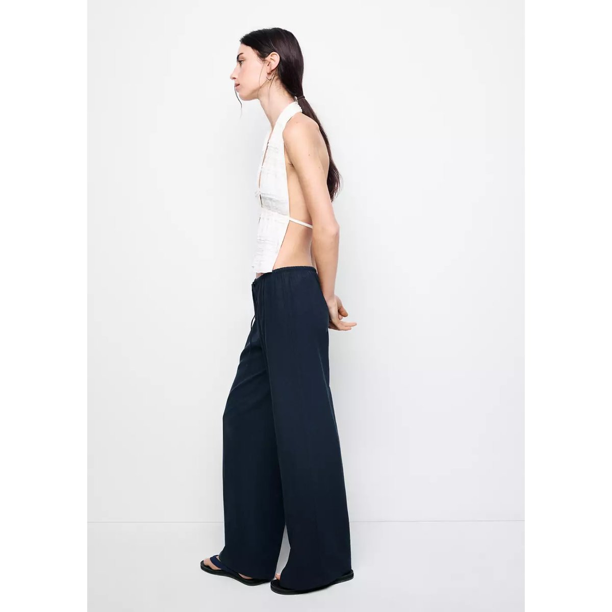 Pantalon droit lin bleu marine foncé, MANGO TEEN