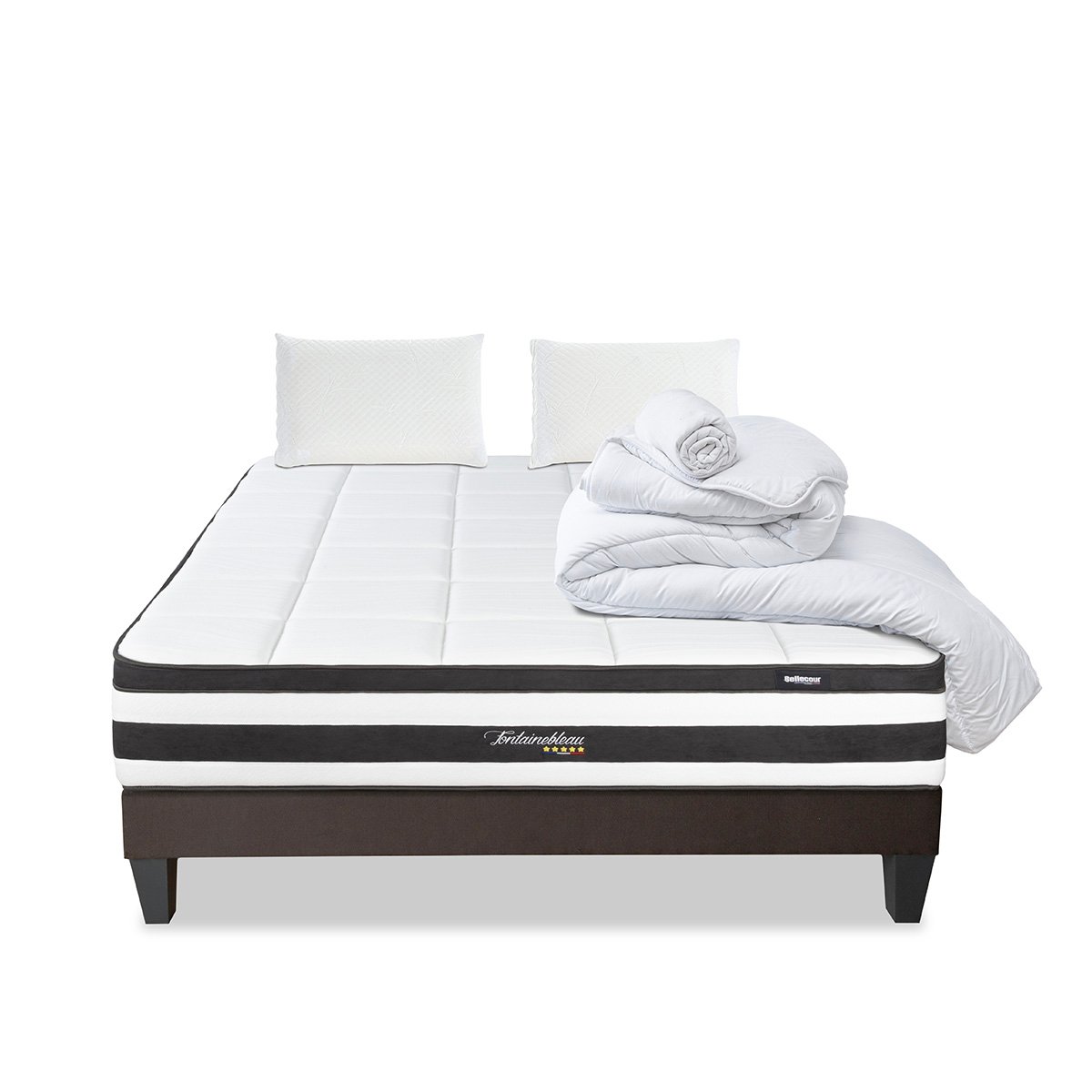 Pack Fontainebleau 90x190 cm Matelas Ressorts + Sommier Bois + Accessoires blanc, BELLECOUR