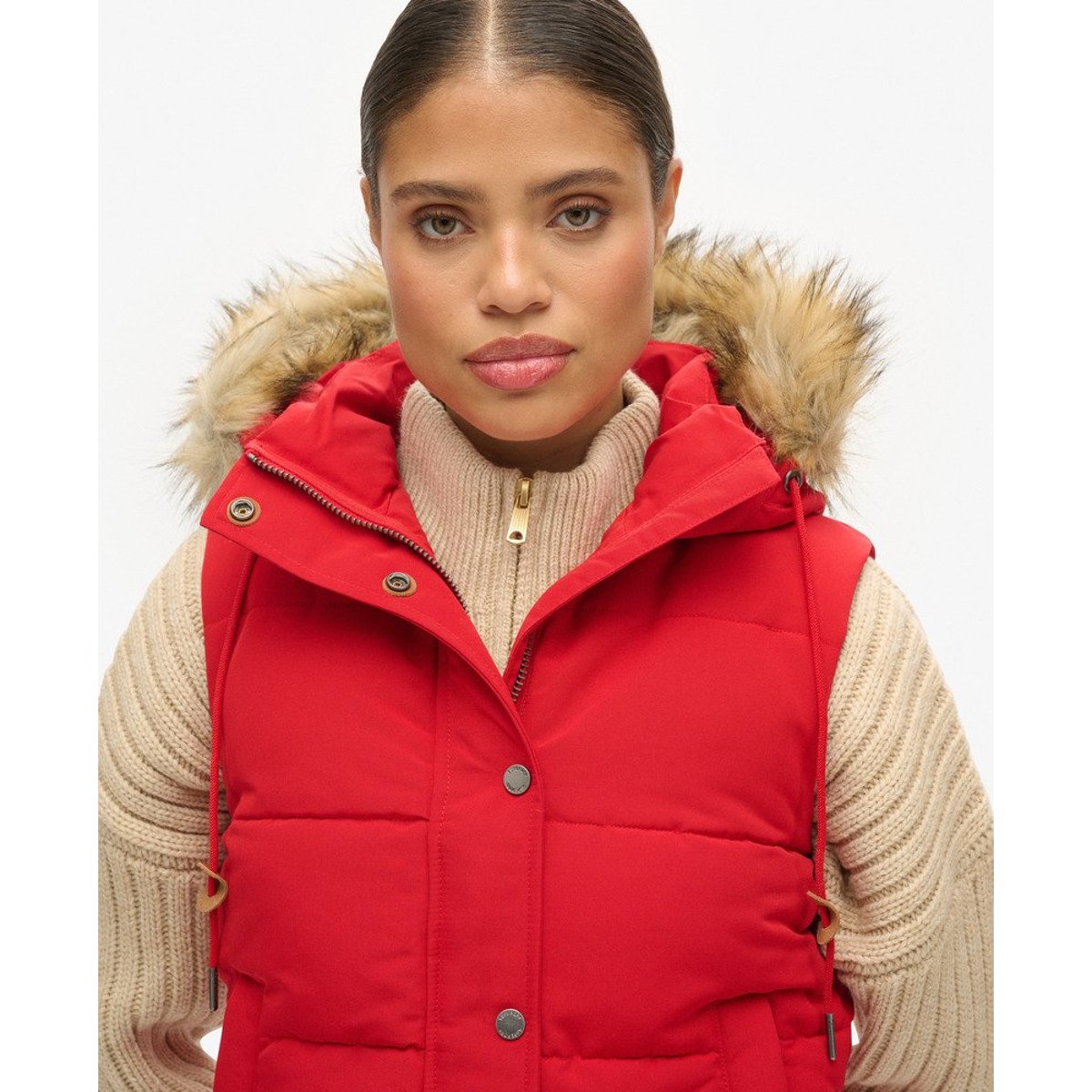 Doudoune sans manches à imitation fourrure Everest rouge universitaire, SUPERDRY