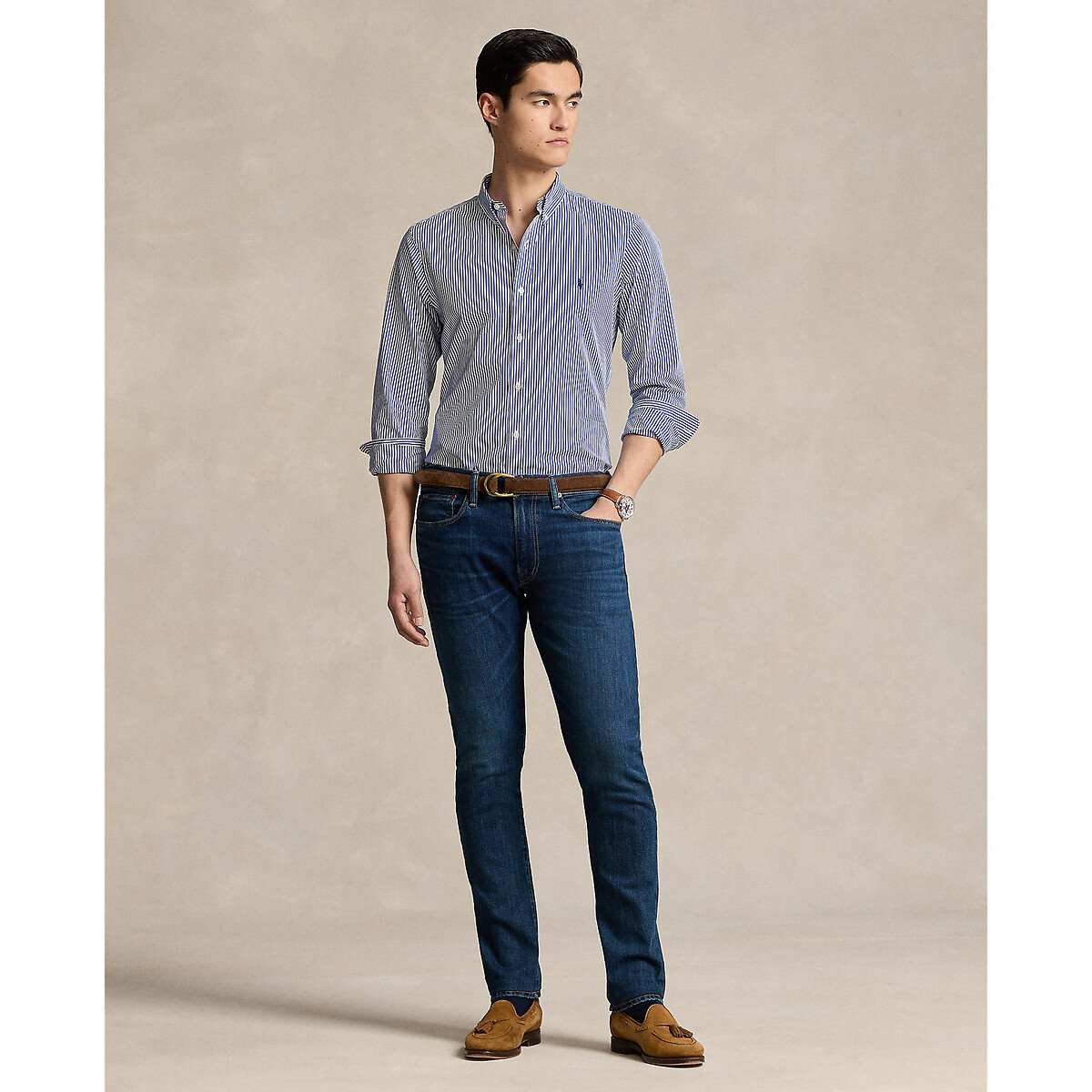 Chemise rayée cintrée popeline stretch blanc/bleu, POLO RALPH LAUREN