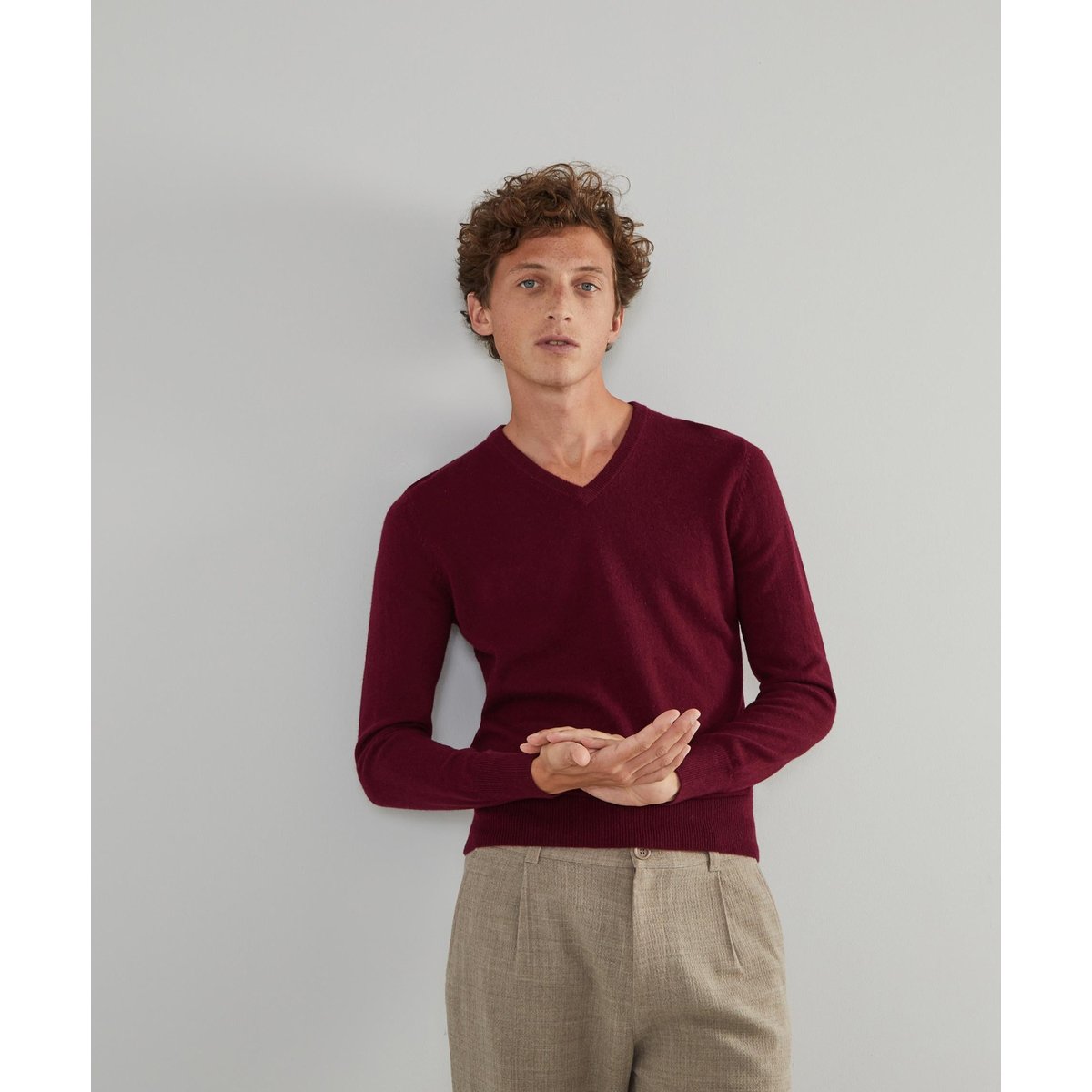 Pull homme col V en cachemire 2 fils bordeaux, RODIER