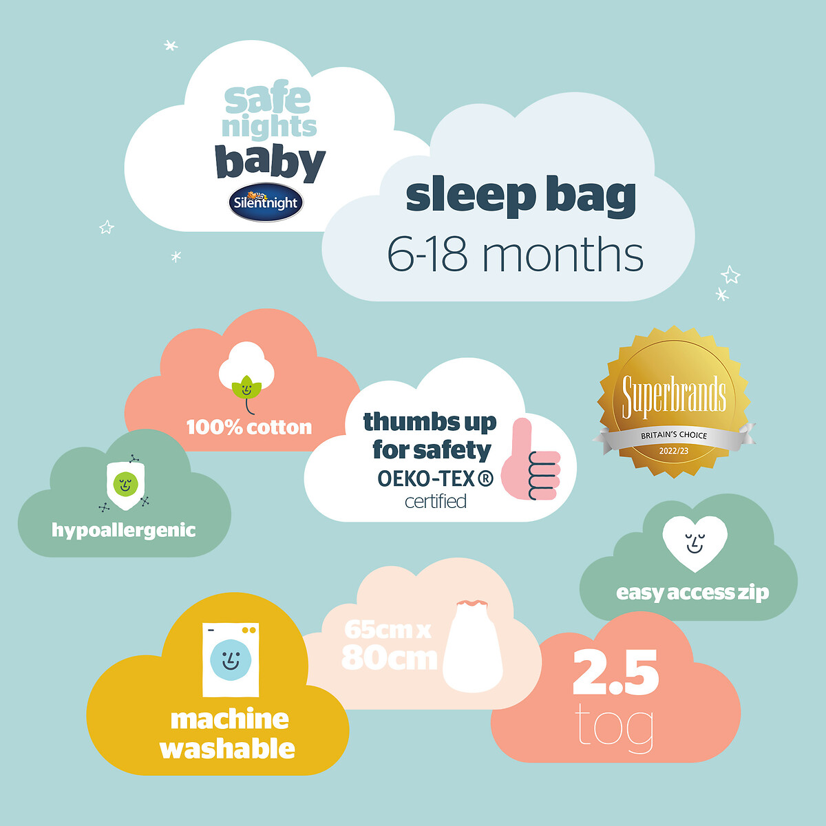 2.5 Tog Safe Nights Baby Sleeping Bag grey, SILENTNIGHT