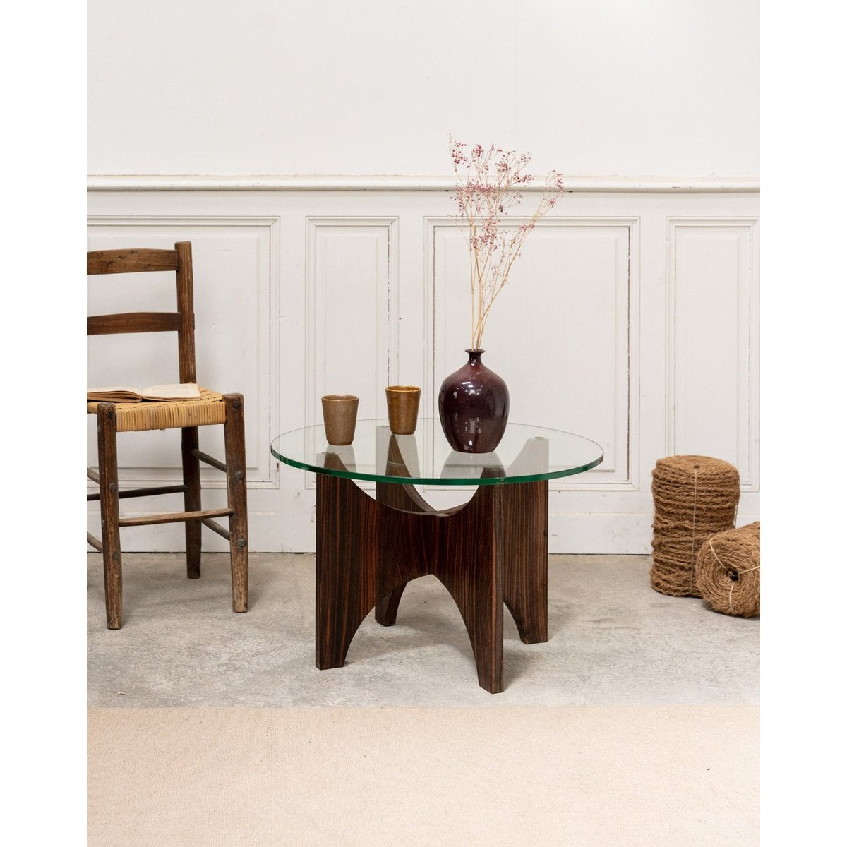 Table basse en verre et palissandre Donna N°1070 - Bon état bois foncé, DEBONGOUT