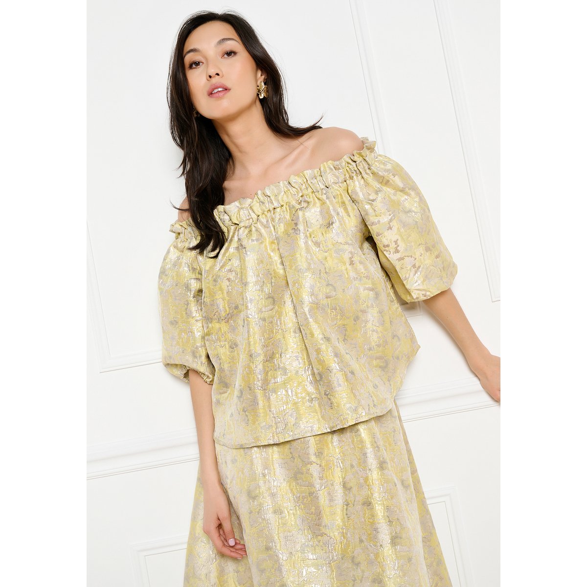 Blouse épaules dénudées jacquard jaune pastel, LOLALIZA