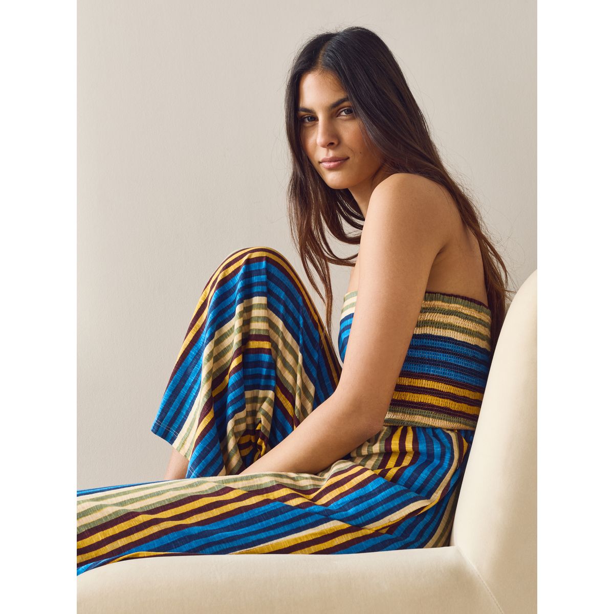 Combi-pantalon bandeau large en jersey rayures bleu/jaune, NEXT