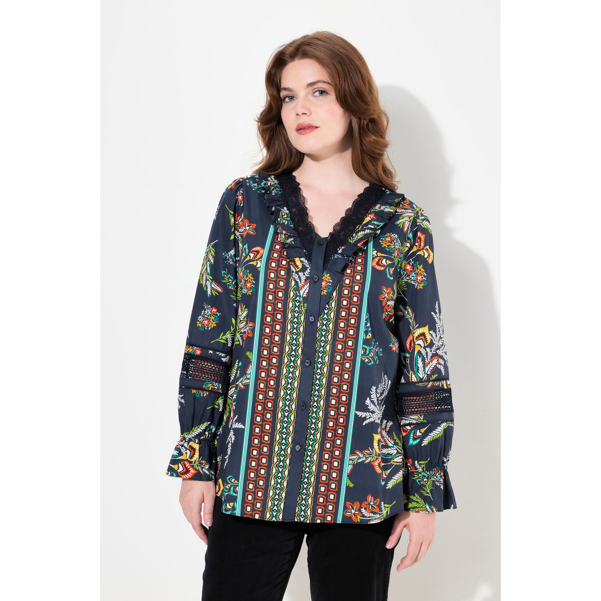 Blouse à col en V et manches longues marine, ULLA POPKEN