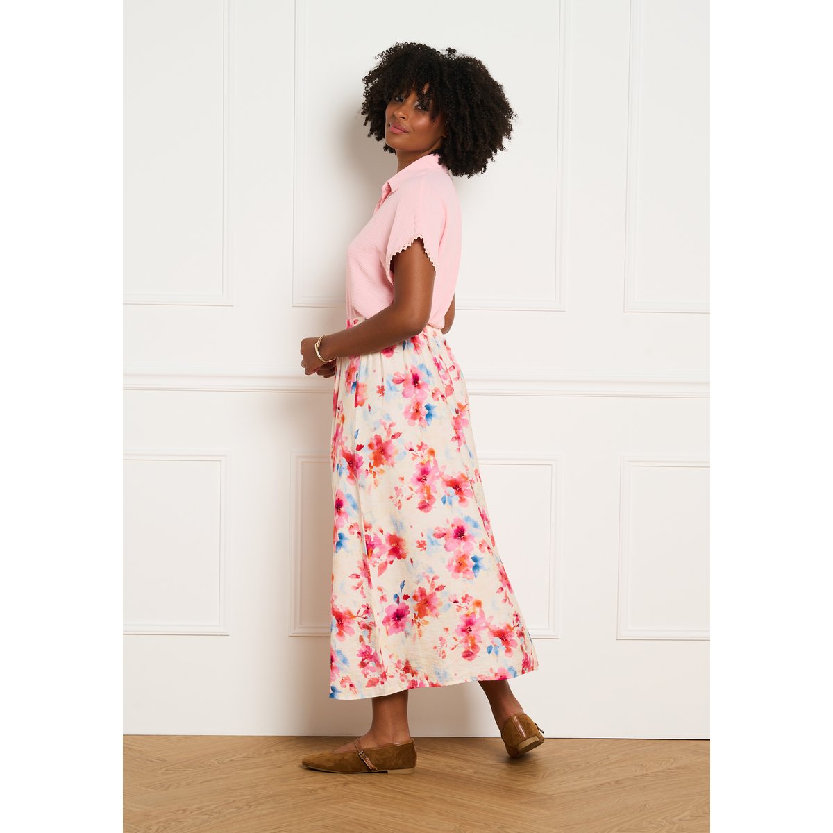 Jupe maxi imprimé fleuri rose clair, LOLALIZA