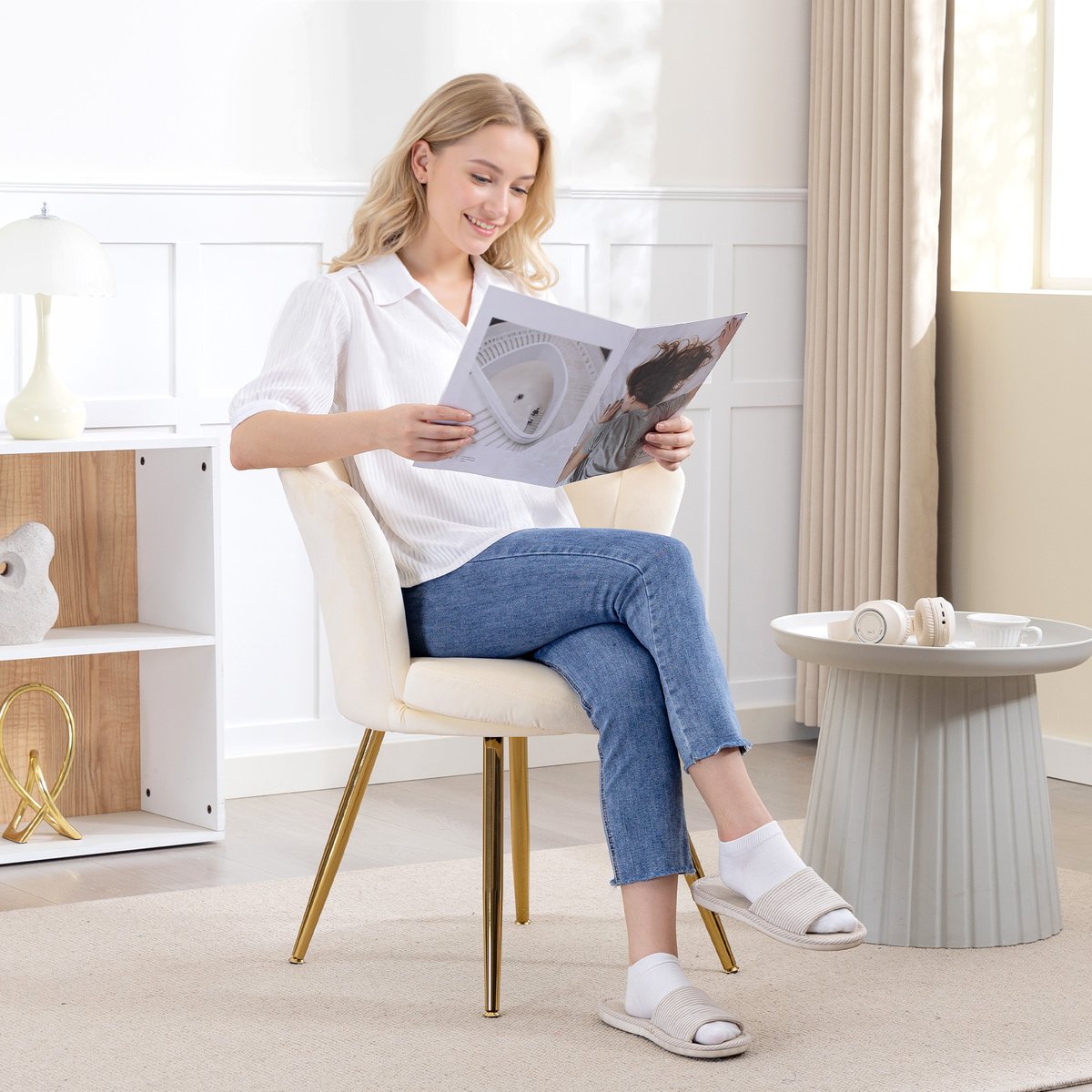 Accent Chair Velours 100 % polyester Beige beige, HOMCOM