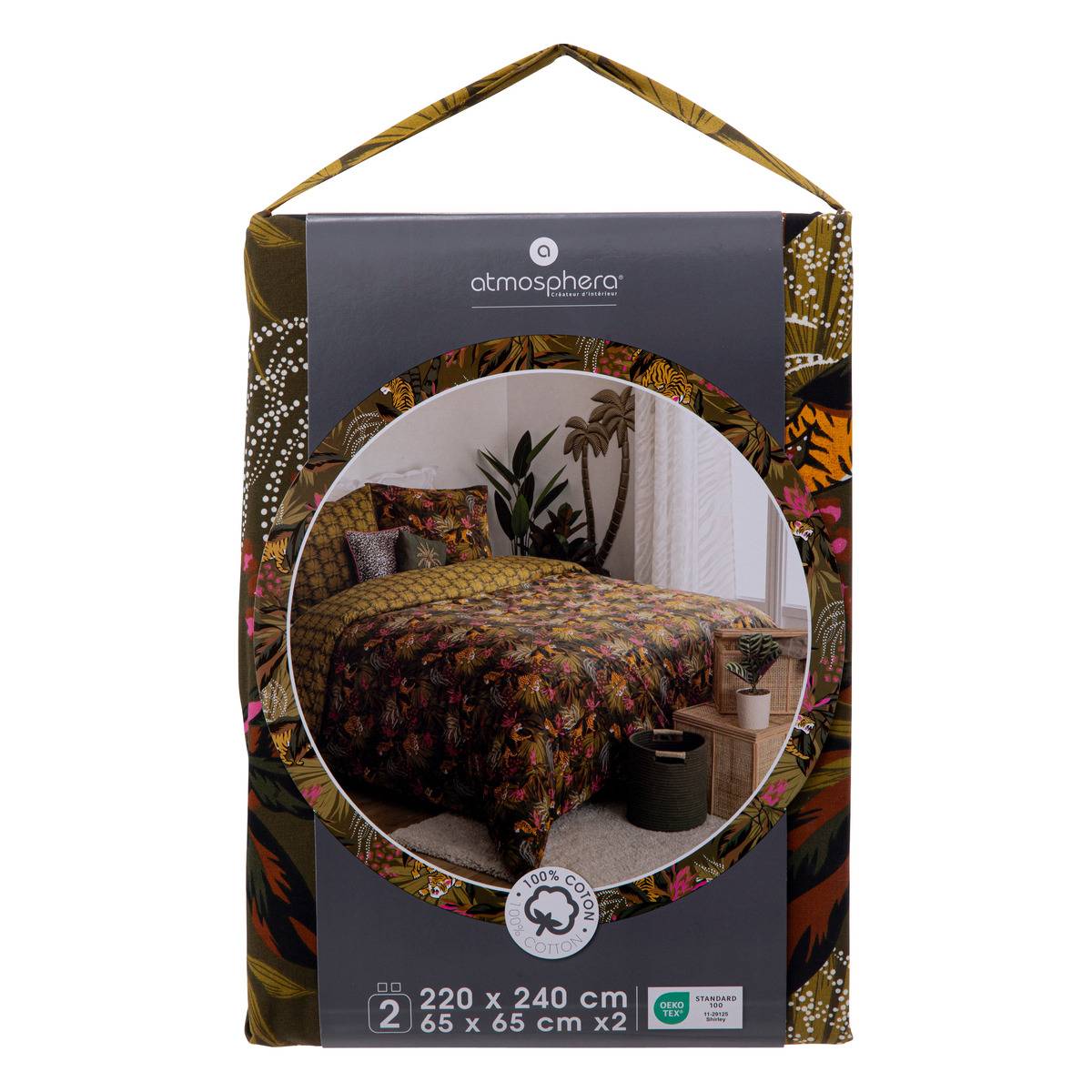 Parure de lit imprimée réversible TROPICAL BOUDOIR vert kaki, ATMOSPHERA