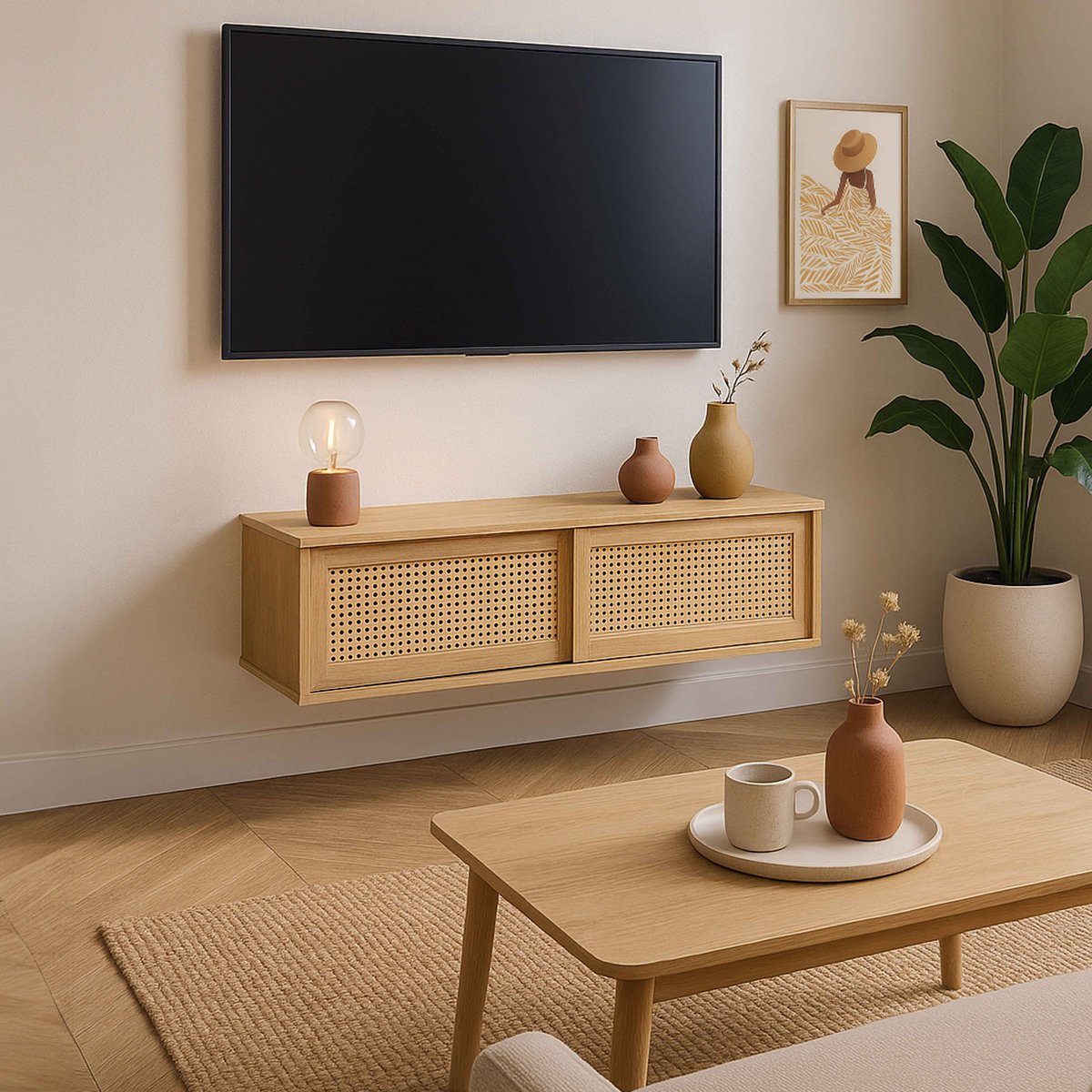 Meuble TV suspendu effet bois clair 108 cm style bohème, JENNY bois clair, OVIALA