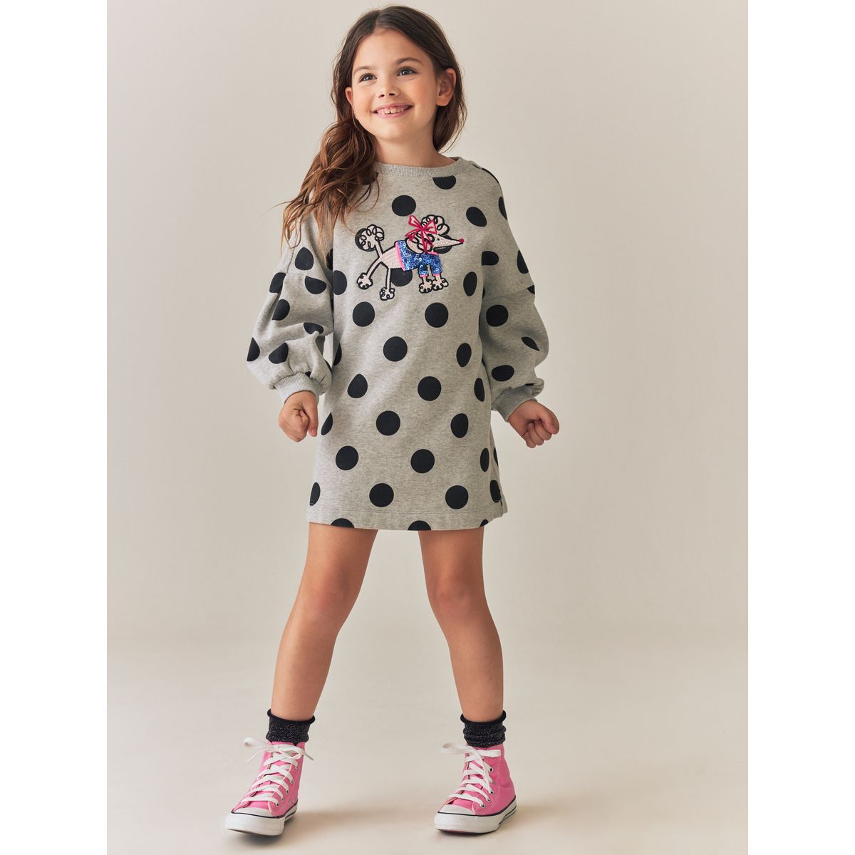 Robe pull à sequins et manches longues gris chiné à pois, NEXT