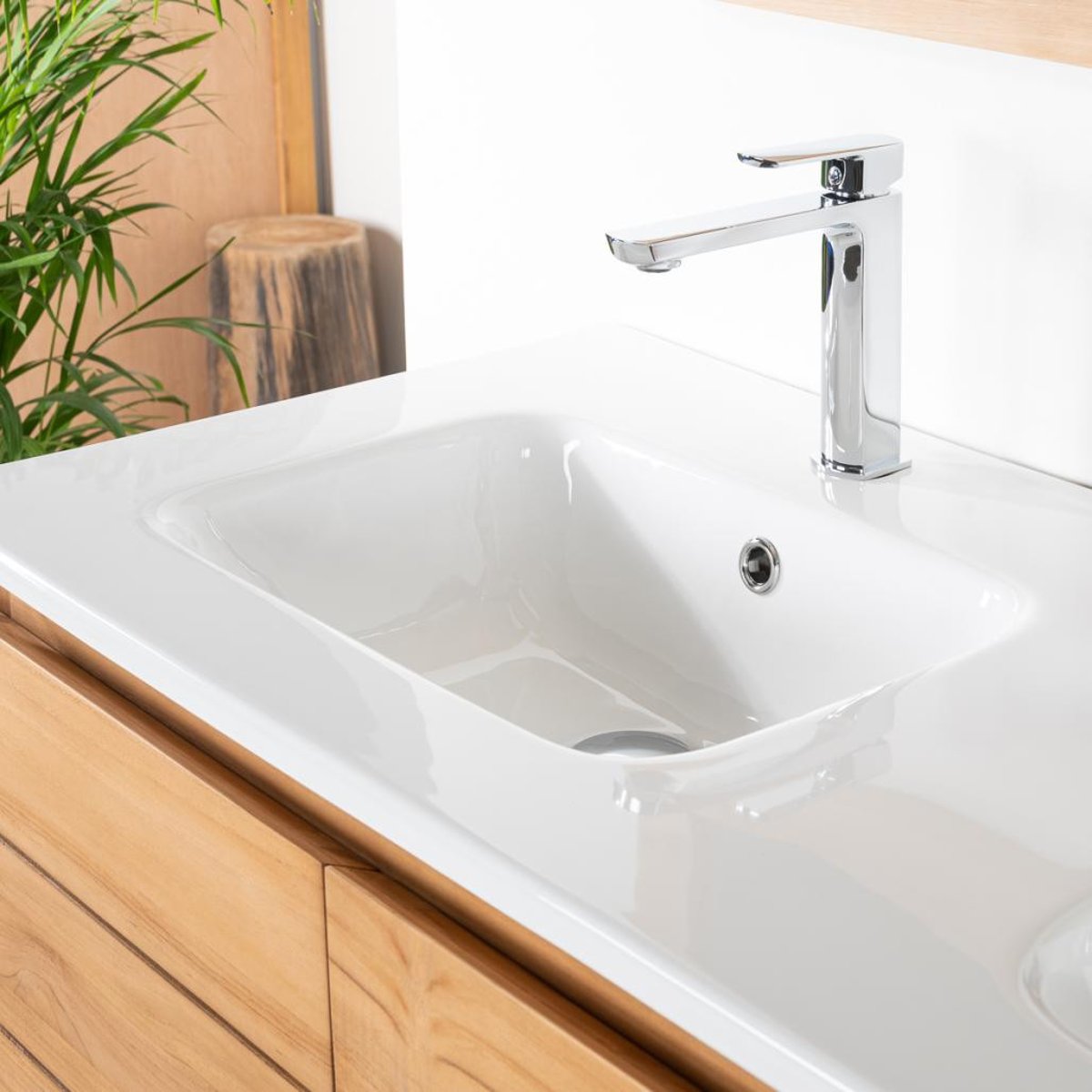 Meuble salle de bain en teck et céramique 120 cm ANANTA blanc, WANDA COLLECTION
