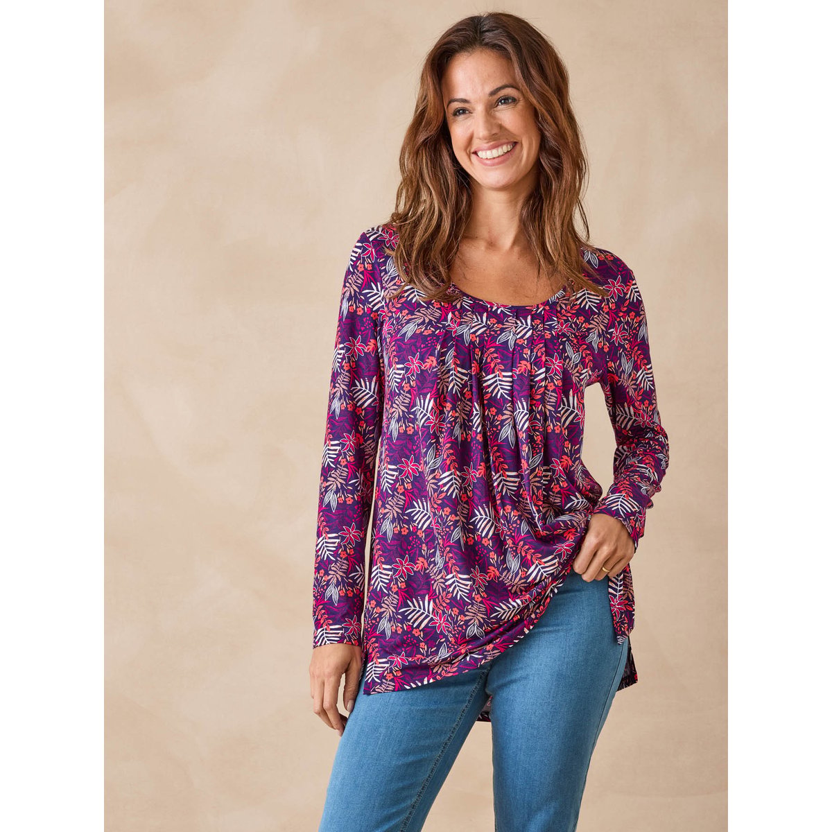 Tunique manches longues extensible imprimé fleuri rose et violet, DAXON