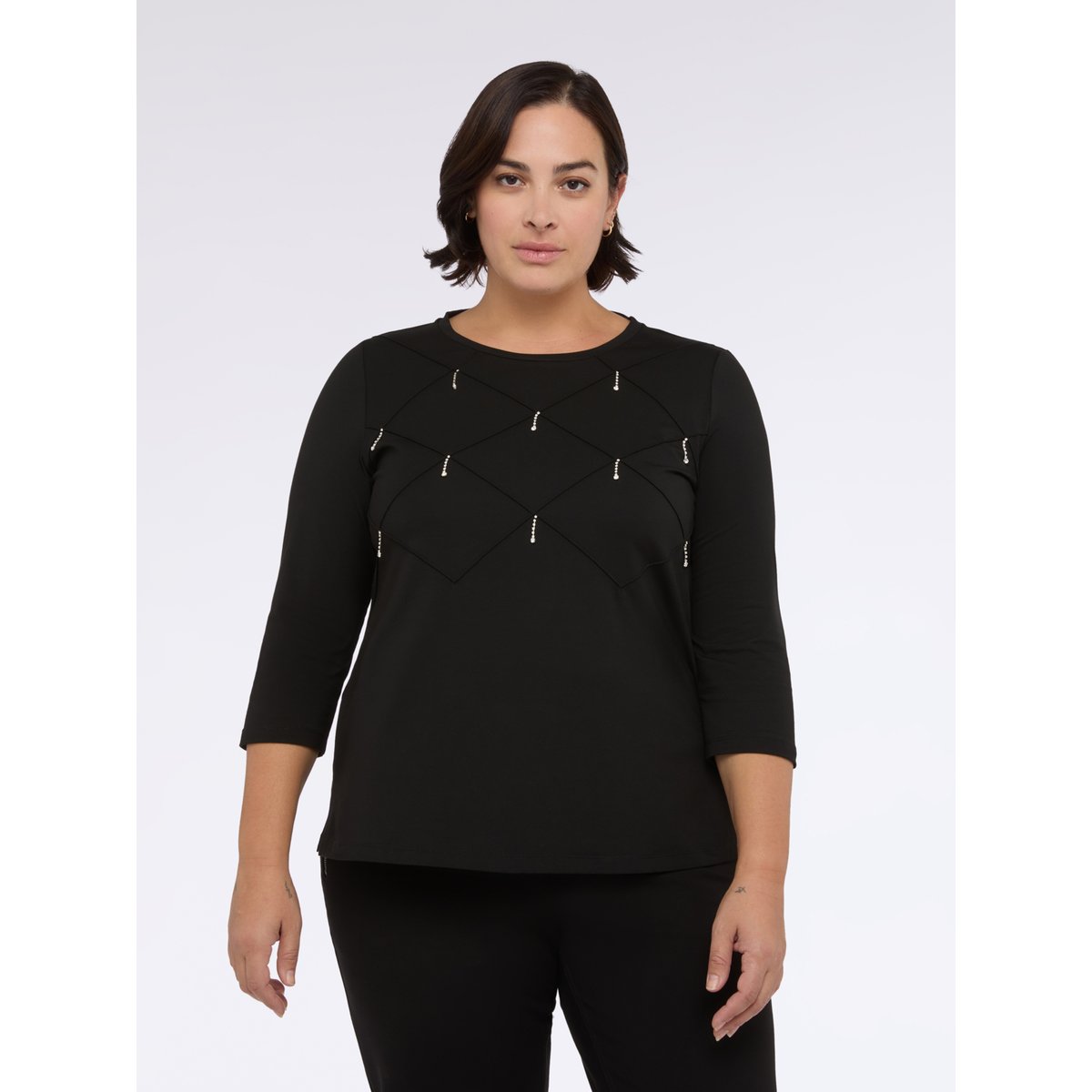 T-shirt en jersey de coton avec travail en losanges noir, FIORELLA RUBINO