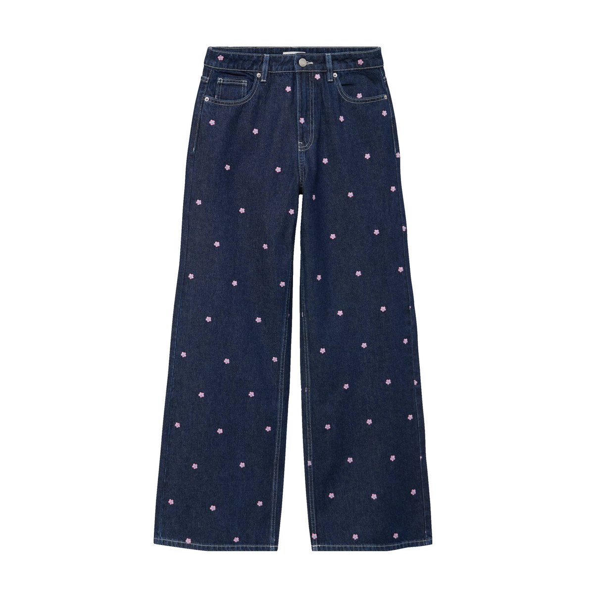 Jean wide leg taille haute brodé bleu foncé, CACHE CACHE