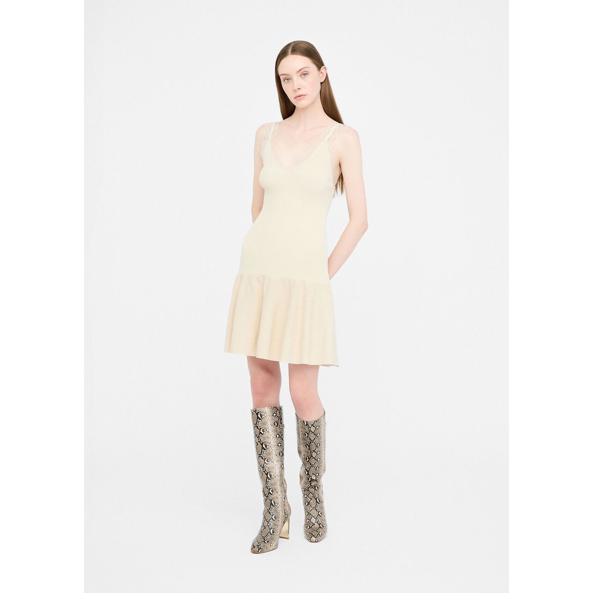 Robe courte avec détails en dentelle beige clair, LIU JO