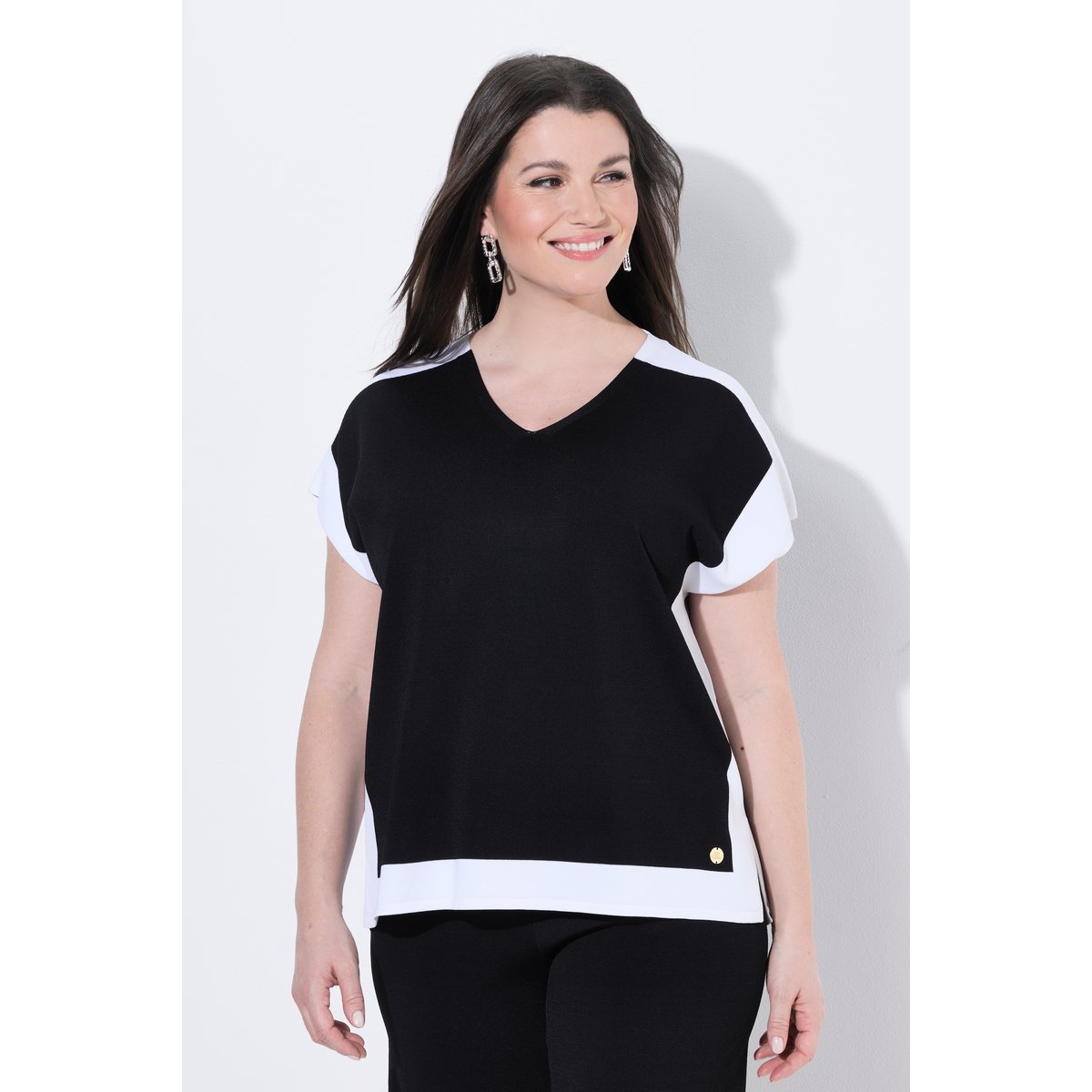 Pull-over, design color block, col en V noir, ULLA POPKEN