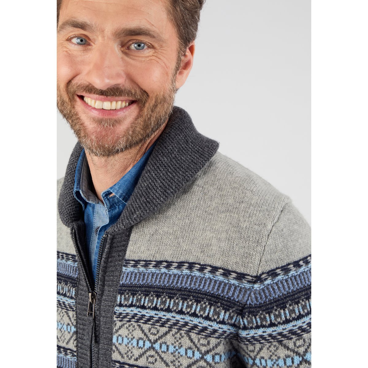 Gilet zippé mélange laine maille jacquard gris jacquard, DAMART