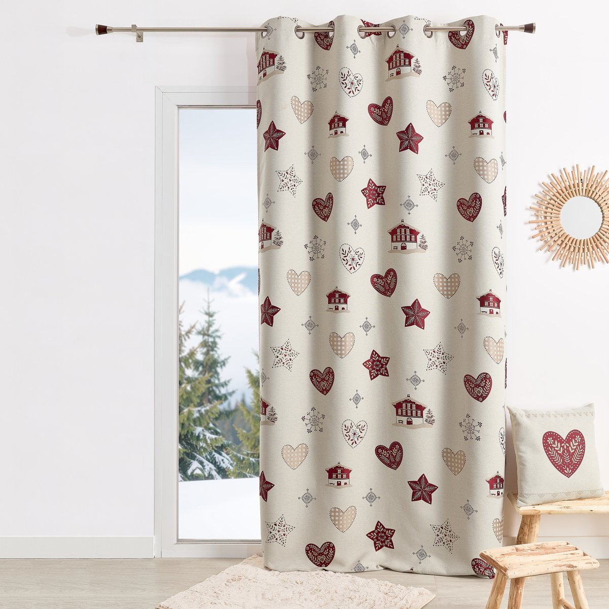Rideau jacquard d’ameublement avec motifs chalets et cœurs - QABANE rouge, HOME MAISON